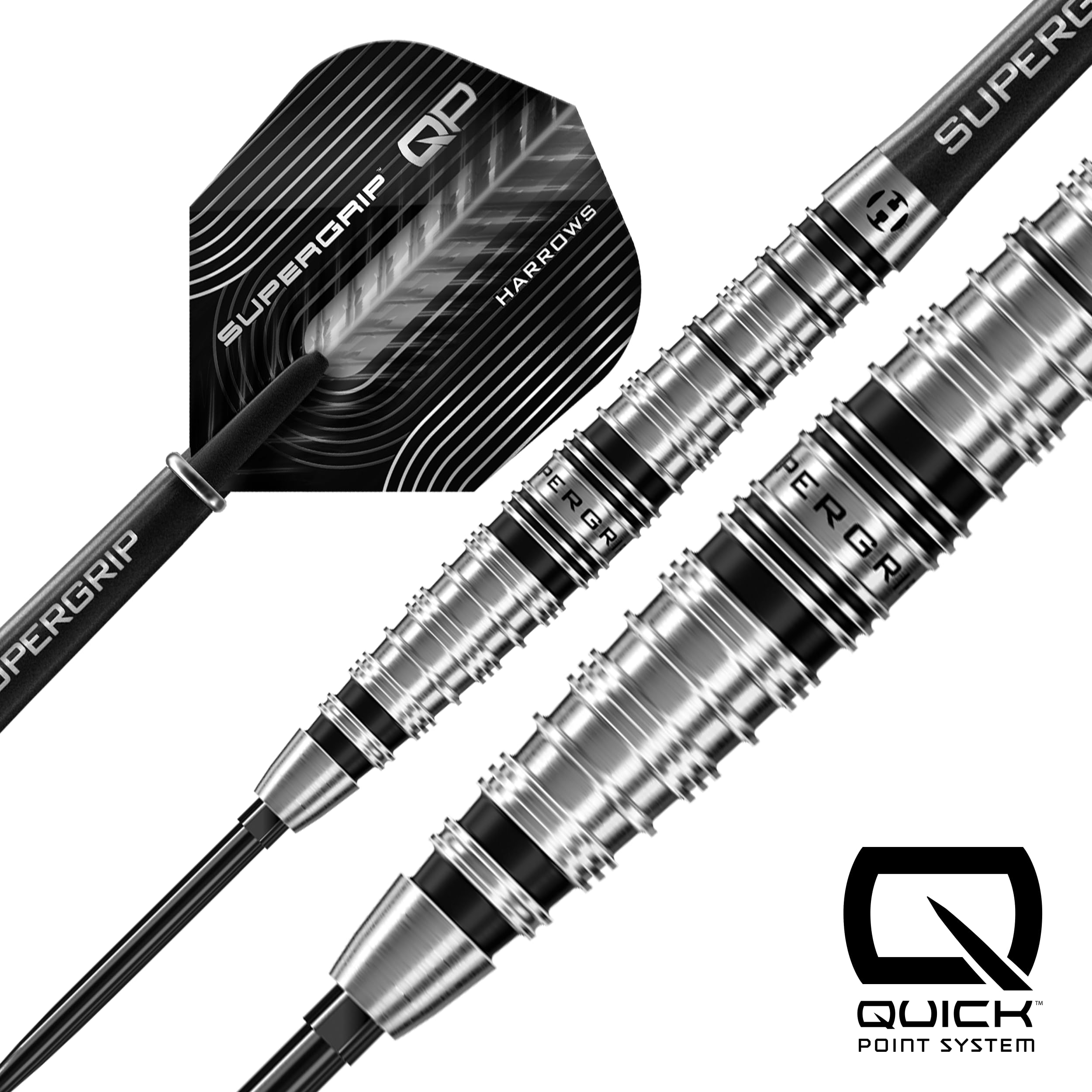 Harrows SuperGrip QP Torpedo 90% rzutki wolframowe, zestaw rzutek ze stalową końcówką z systemem szybkiej wymiany punktów, 22 g, 23 g i 24 g, zawiera trzonki Supergrip i loty 100 mikronów, 24 g