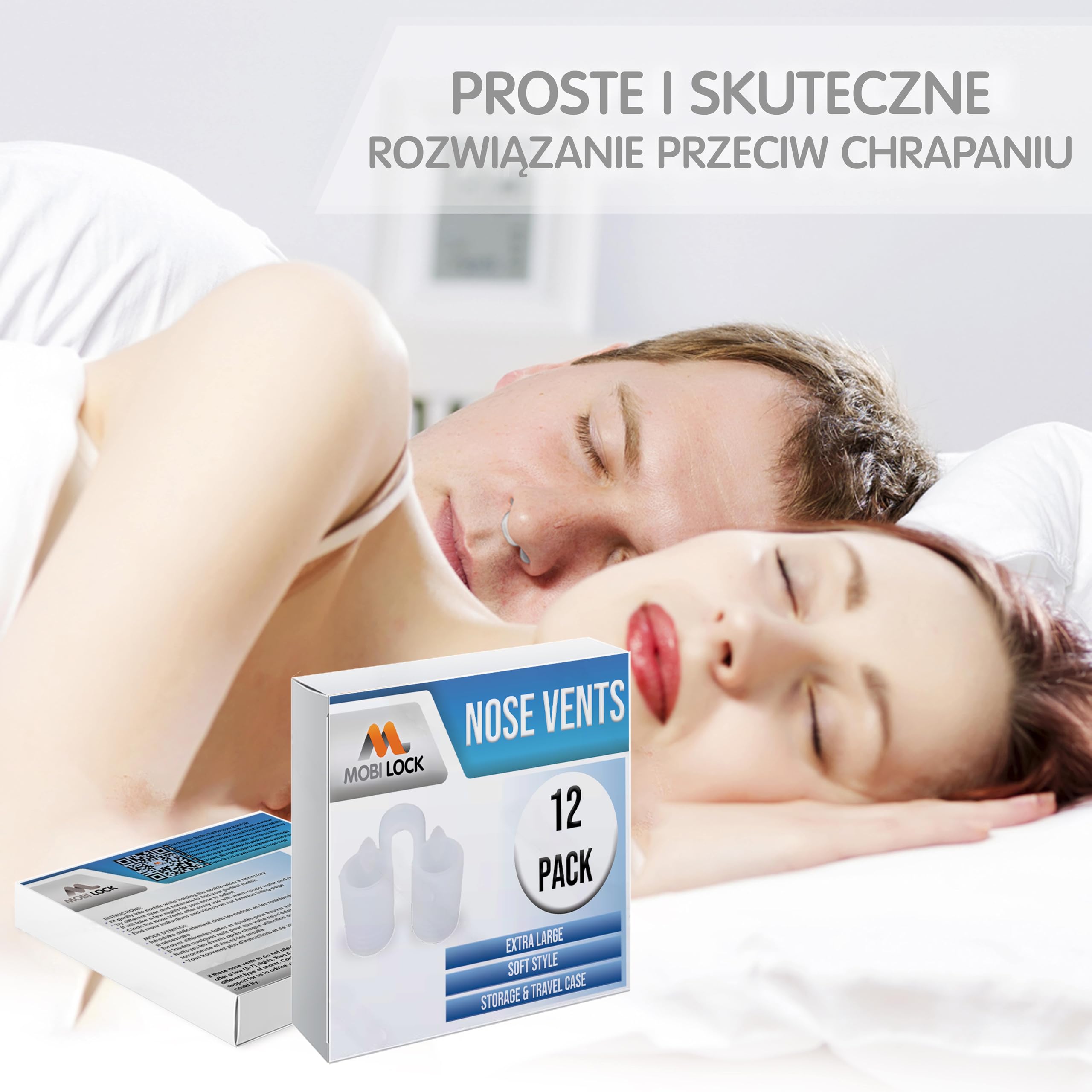 Rozszerzacz nozdrzy (pakiet 12 sztuk, rozmiar XL) Miękkie otwory wentylacyjne – Proste rozwiązanie dla chrapiących - Urządzenie do chrapania wielokrotnego użytku zapewniające spokojny sen - Mobi Lock