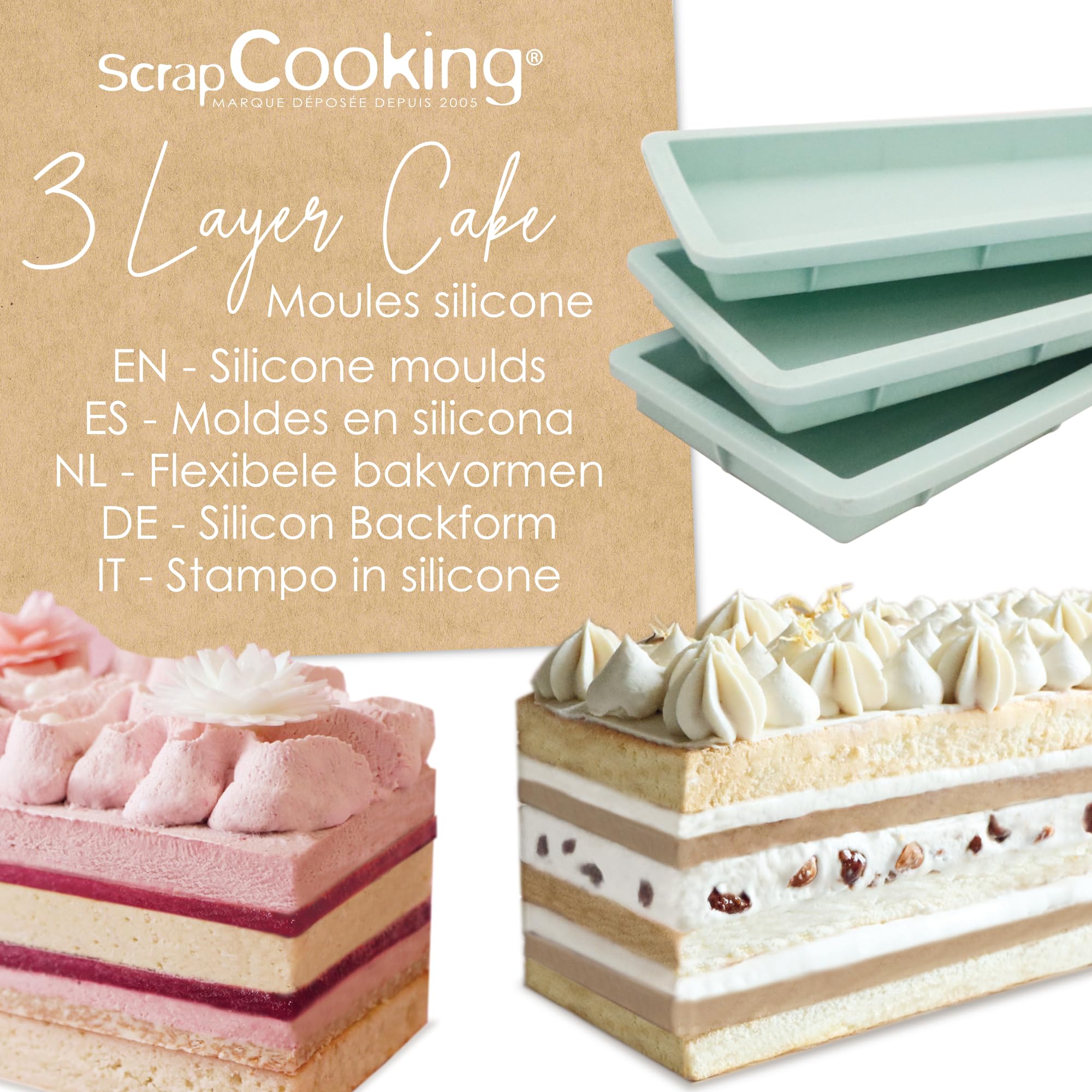 ScrapCooking - 3 Moules à Layer Cake Rectangulaires - Pour Bûches de Noël & Cakes - Silicone 25 x 10 cm - Gâteau à Étages, Rainbow Cakes, Gâteaux Anniversaire - Pâtisserie Professionnel - 2976