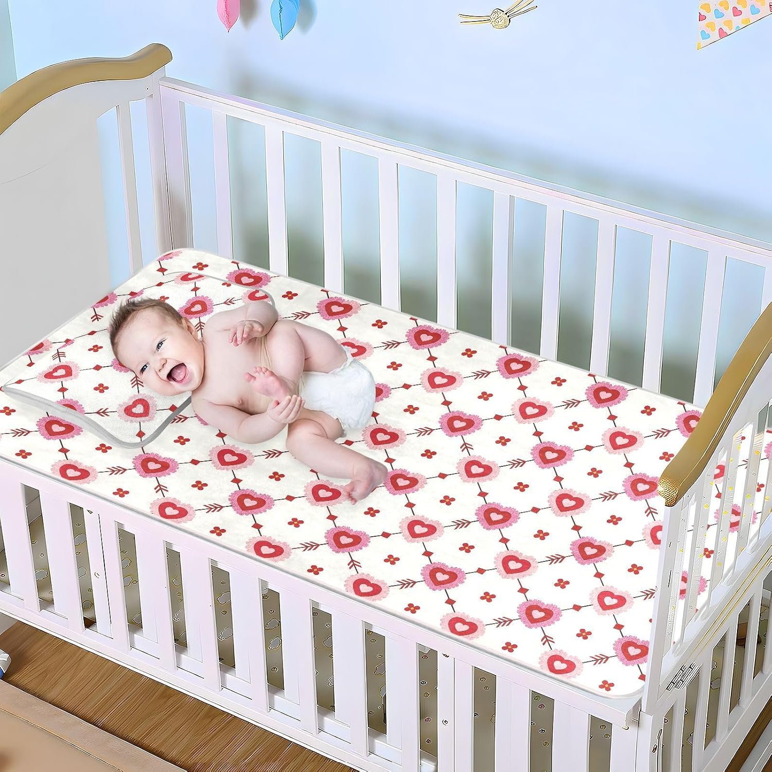 Cooling Baby Washable Mattress 28" x 52" Washable Arrow Heart Floral Pattern Red Mattress Protector Pads for Baby&Toddler
