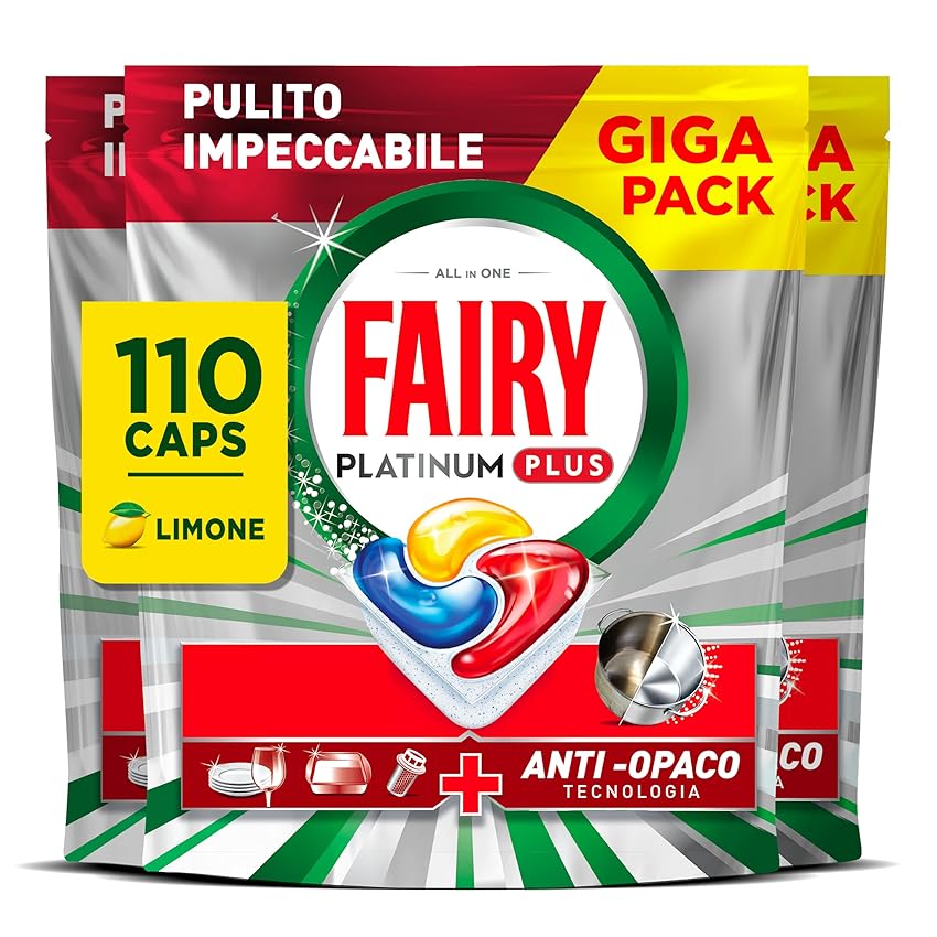 Pastiglie Per Lavastoviglie Fairy Platinum Plus Tutto In Uno Limone, 110 Capsule (5 x 22), La Migliore Pulizia Fairy Come Nuovo, Rimuove L’opacità E Previene Il Calcare