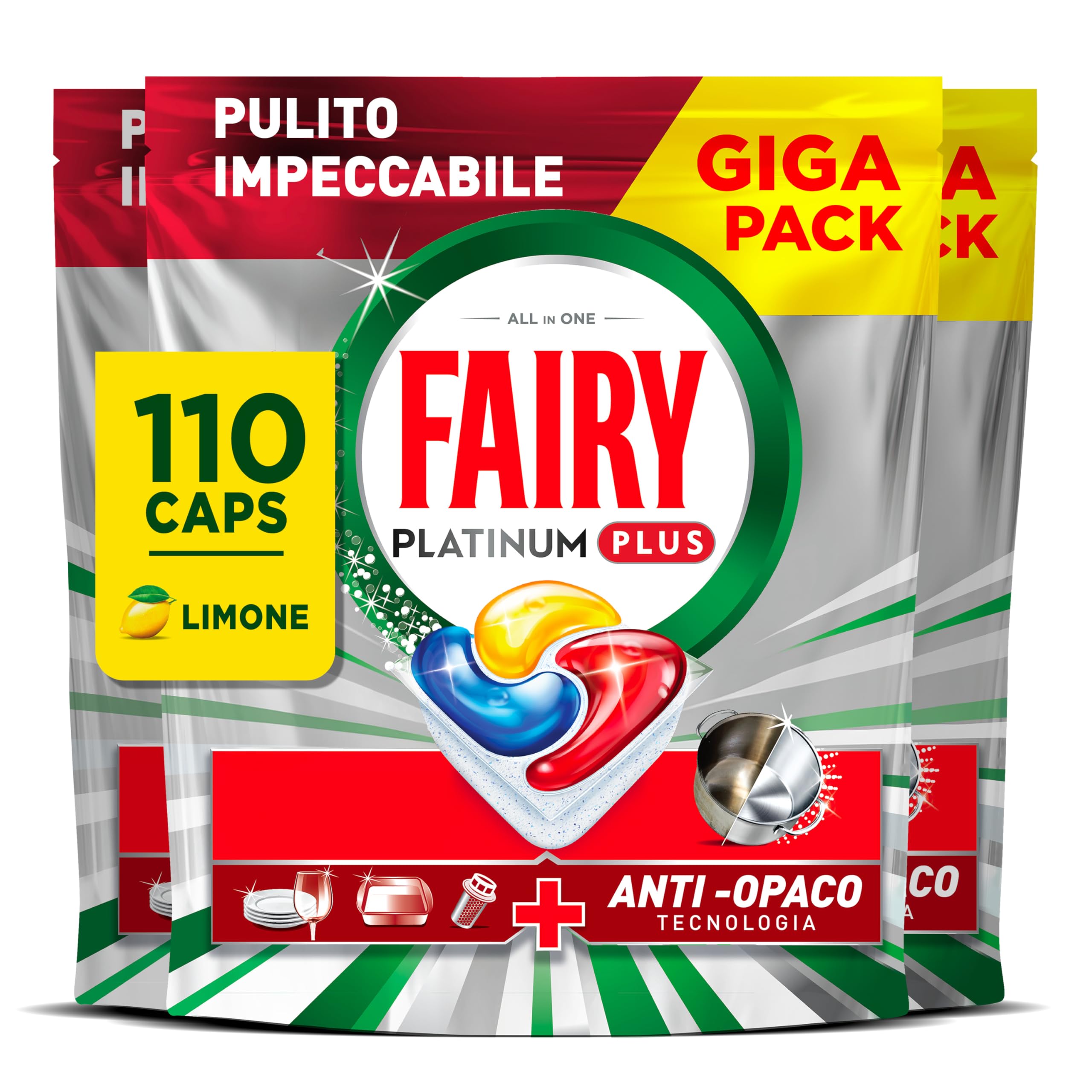 Fairy Platinum Plus Dishwasher Tablets All In One Lemon, 110 Capsules (5 x 22), Best Cleaning Fairy Like New, Removes Dullness And Prevents Limescale