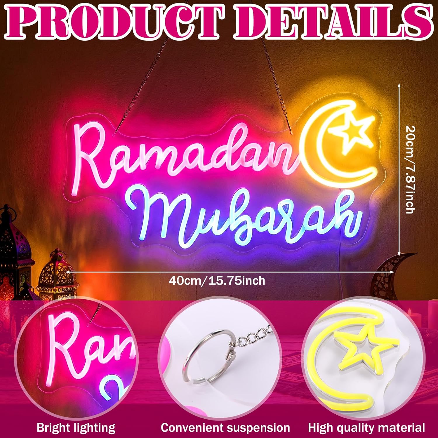 Rossesay Ramadan Mubarak Neon Sign Ramadan Decoration for Home Islamic Wall Art Moon Star LED Neon Light Muslim Islamic Hanging Decor Light up Sign Eid Gifts Party Supplies for Room Door Window