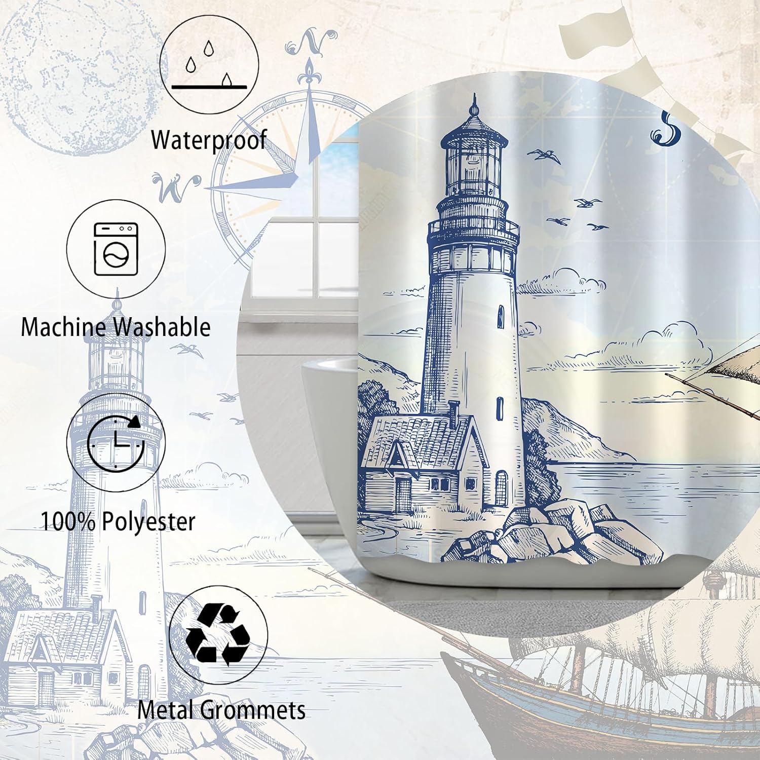 4Pcs Nautical Lighthouse Shower Curtain Sets, Sailboat Coastal Compass Anchor Bathroom Decor with Non-Slip Rugs, Toilet Lid Cover and Bath Mat, Waterproof Shower Curtains with 12 Hooks, 72 x 72 Inch