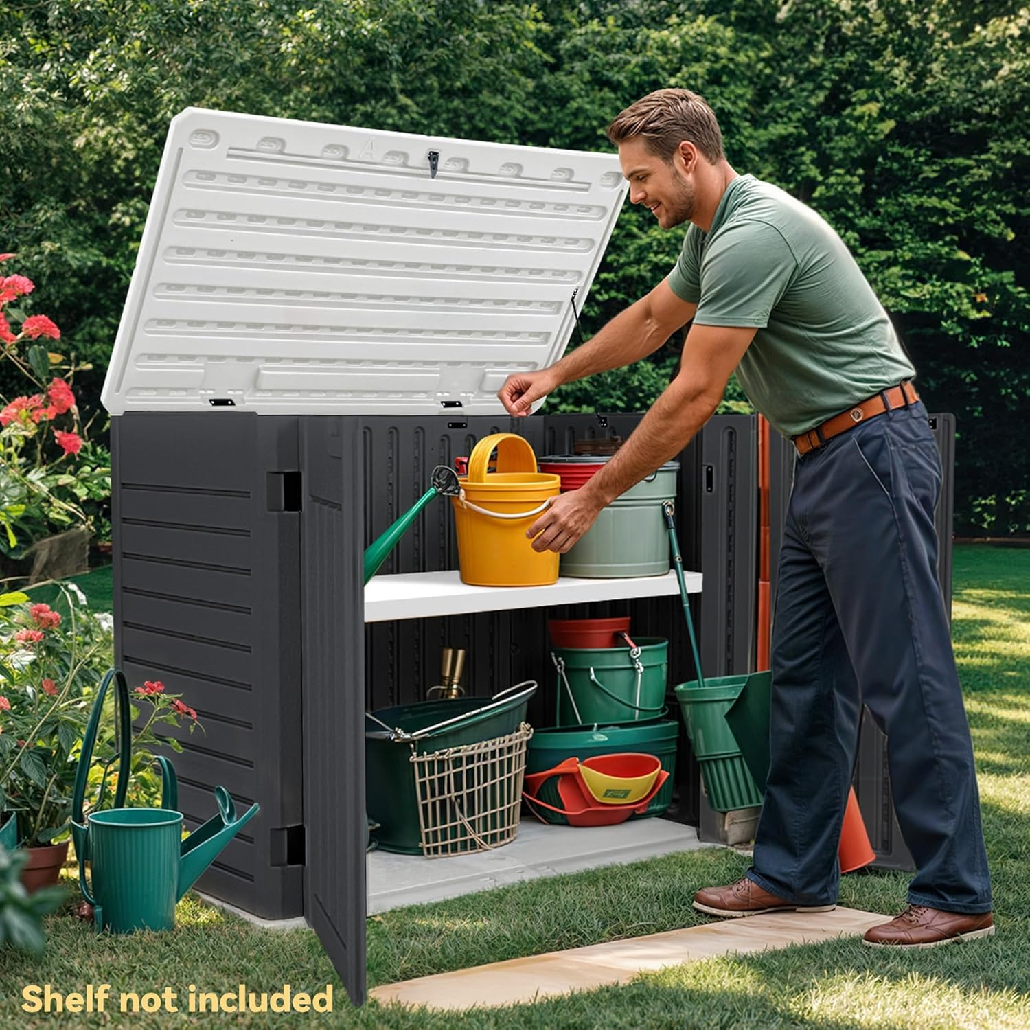 DWVO Outdoor Weather-Resistant Horizontal Storage Shed, 35 Cu Ft Capacity, Lockable and Waterproof, Suitable for Storing Garden Tools, Dark Gray DWVO Outdoor Weather-Resistant Horizontal Storage Shed, 35 Cu Ft Capacity, Lockable and Waterproof, Suitable for Storing Garden Tools, Dark Gray