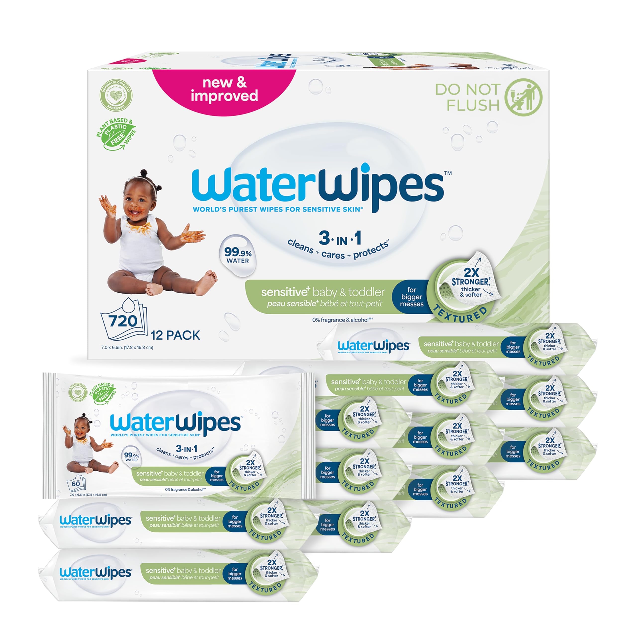 Photo 1 of WaterWipes Sensitive+ Baby & Toddler Wipes, 3-In-1 Cleans, Cares, Protects, 99.9% Water, Textured Clean, Unscented & Hypoallergenic, 540 Count (Pack of 9)