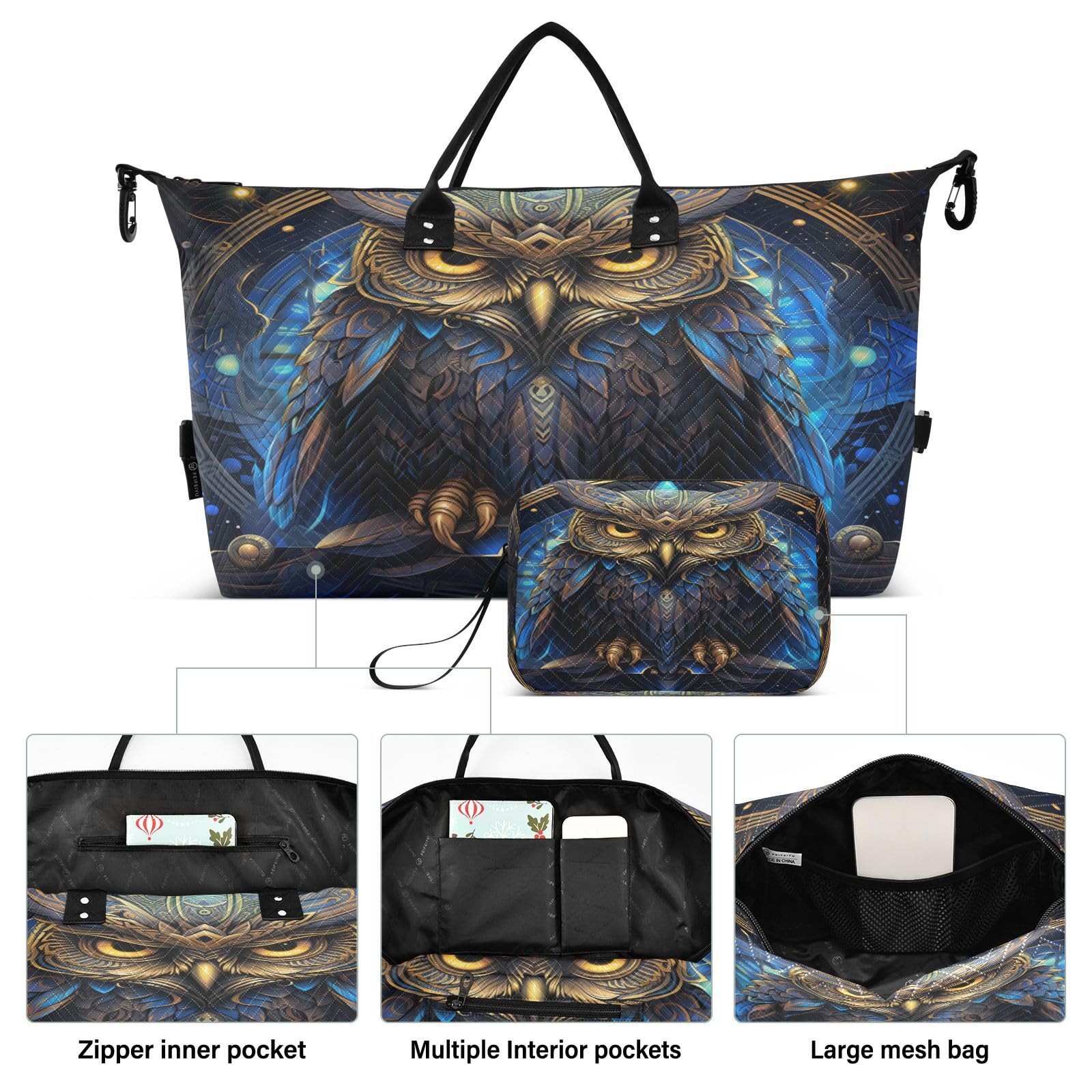 Fancy Blue Owl Sports Swim Gym Bag Weekender Duffel Travel Bags Handbag with Makeup Storage Bag for Girls Men
