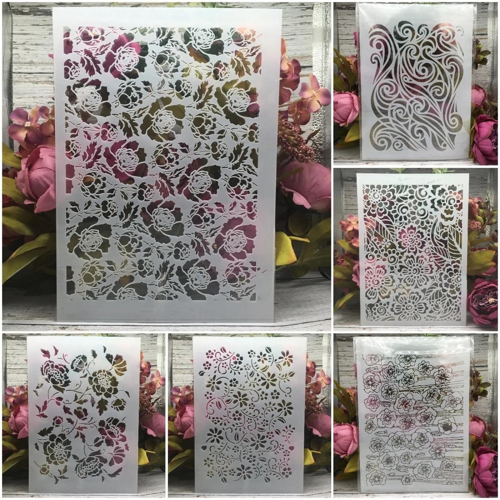 Lot de 6 pochoirs pour peinture, format A4, 29 cm, motif fleurs de rose, pour peinture sur bois, mur, toile, tissu, roche, panneaux, projets artistiques de bricolage, décoration d'intérieur