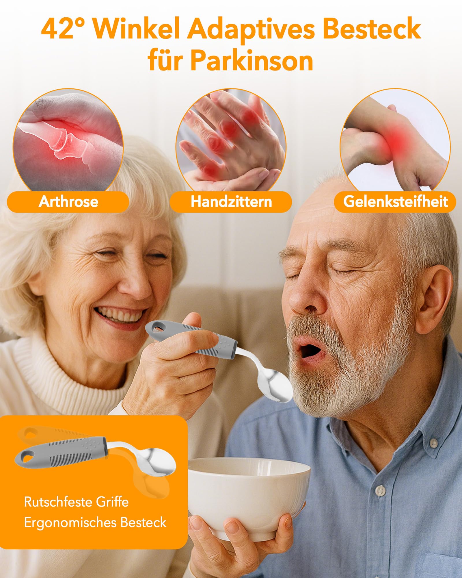 Juego de 4 cubiertos Parkinson para discapacitados: cucharas de Parkinson de plástico PP de alta calidad y acero inoxidable 2CR14, ayudas ergonómicas para temblores, trastornos de movimiento, artritis