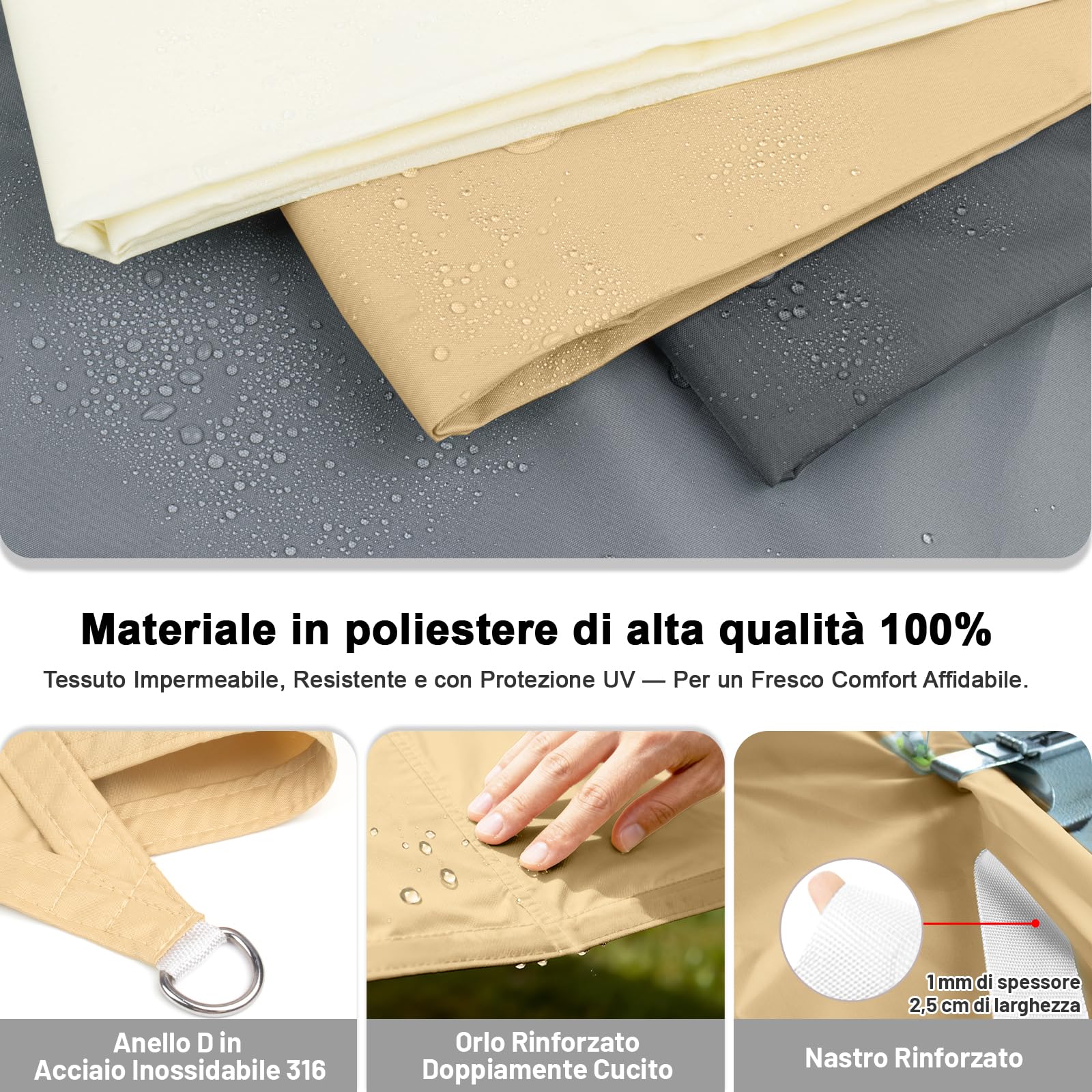 Tenda a Vela Impermeabile 3x4m Rettangolare Protezione UV 95% Giardino Terrazza Patio Sabbia