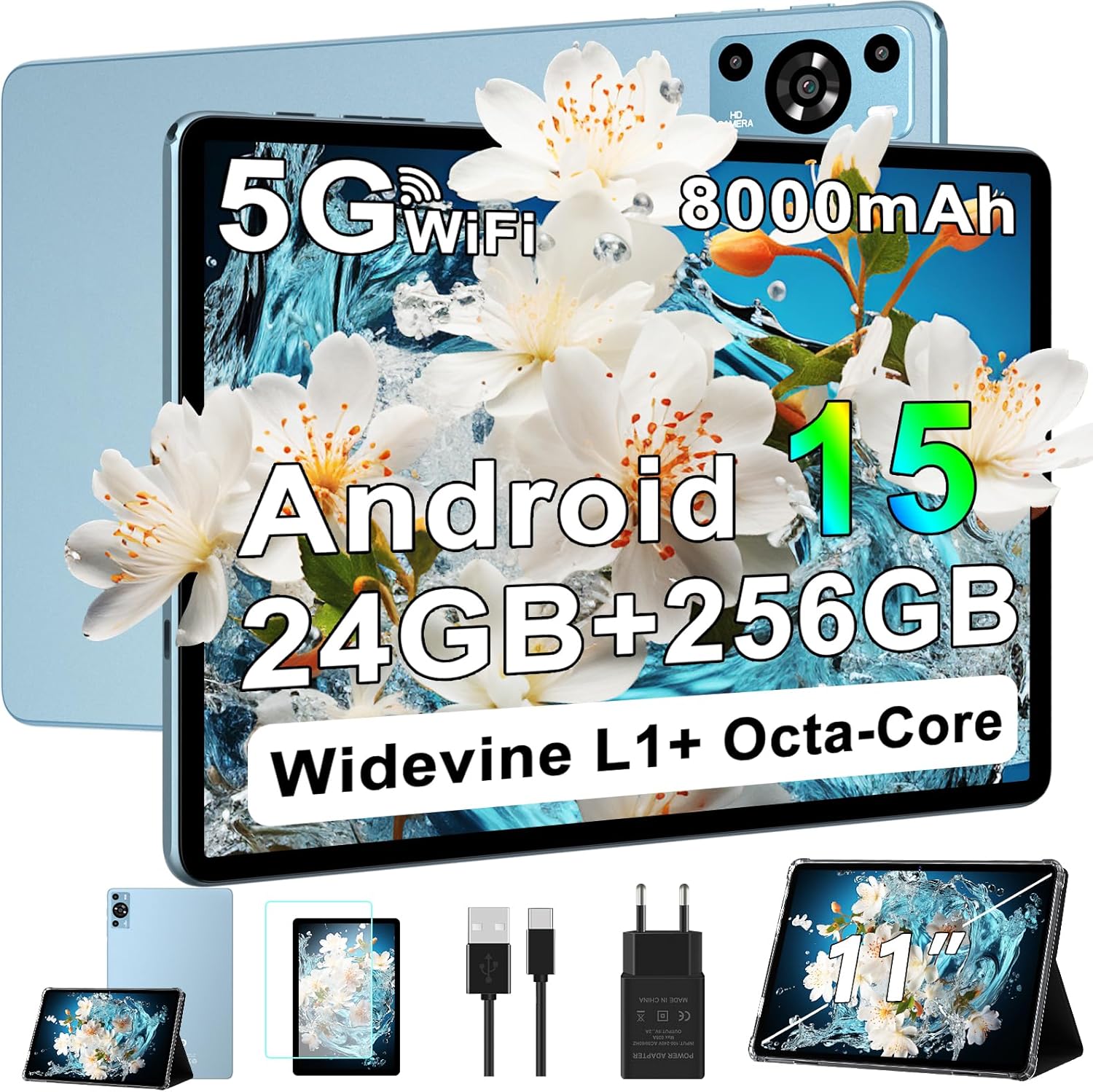 11 Inch Tablet, 2025 Android 15 Tablets with Octa Core, 24GB+256GB, 13+5MP Camera, Electronics Tablets with Widevine L1, 8000mAh Battery, 5G WiFi, GPS, HD IPS Display, 1TB Expand, BT 5.0 -Metal Blue