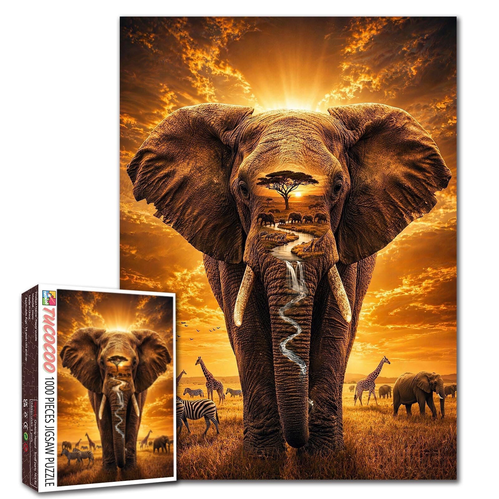 Creative Elephant Puzzle Sunset Animal Jigsaw Double Exposure Wildlife 1000 Pieces Puzzles for Adults Beginner Nature Inside Challenging Family Activity Games DIY Crafts Puzzle for Home Decor Gifts