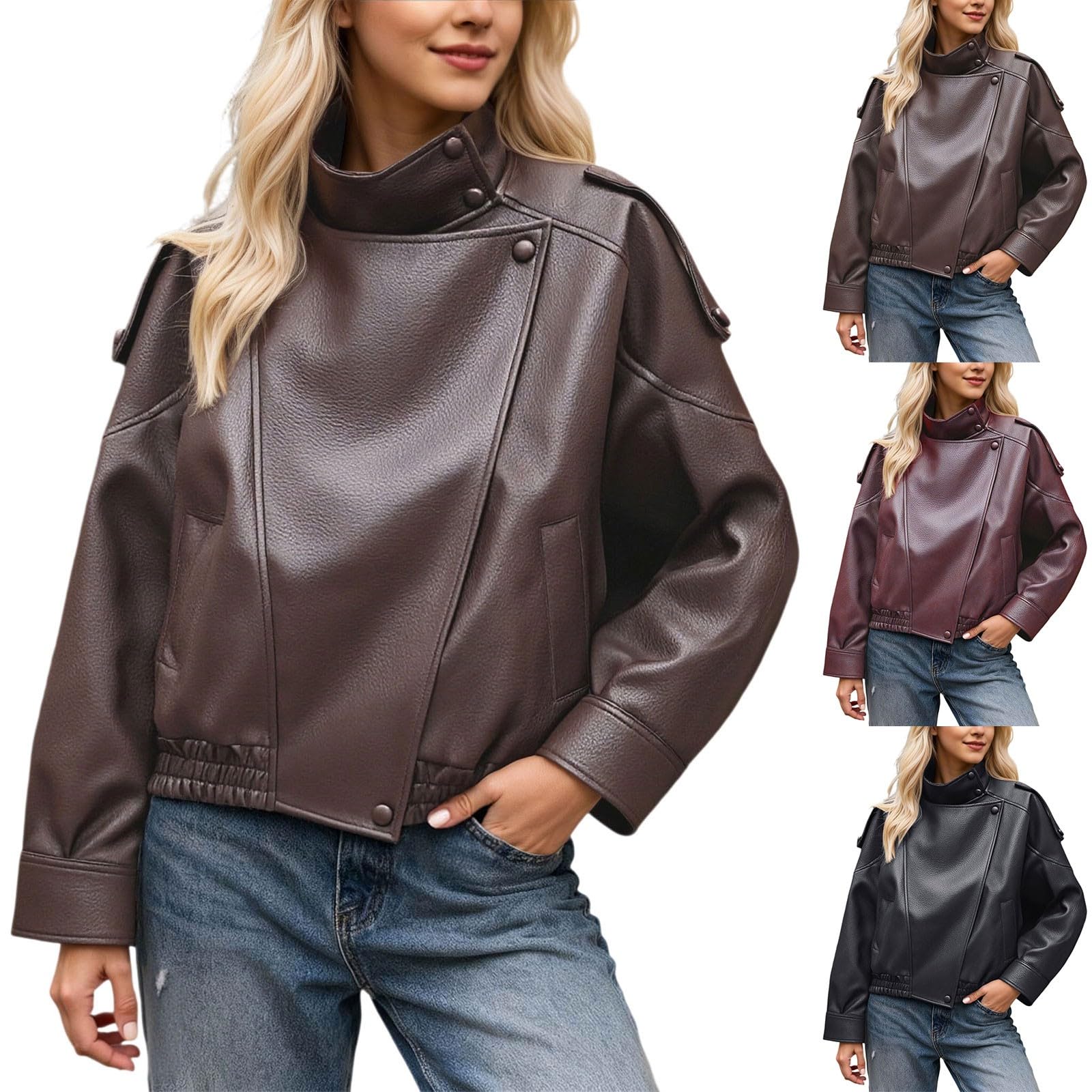 Generisch Chaqueta de piel para mujer, retro, cuello alto, abrigo corto, chaqueta de piel sintética, moderna para otoño e invierno, manga larga, abrigo de moto, chaqueta de entretiempo, chaqueta