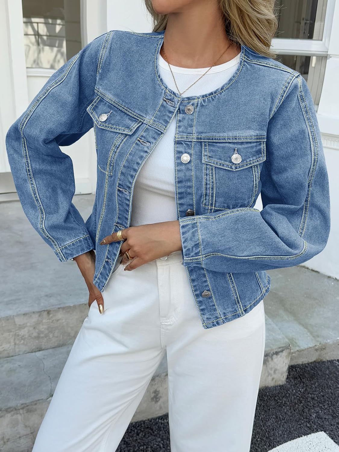 Tankaneo Womens Cropped Jean Jacket Trendy Crewneck Button Down Short Denim Jacket Y2k Slim Fit Casual Shacket - Image 6