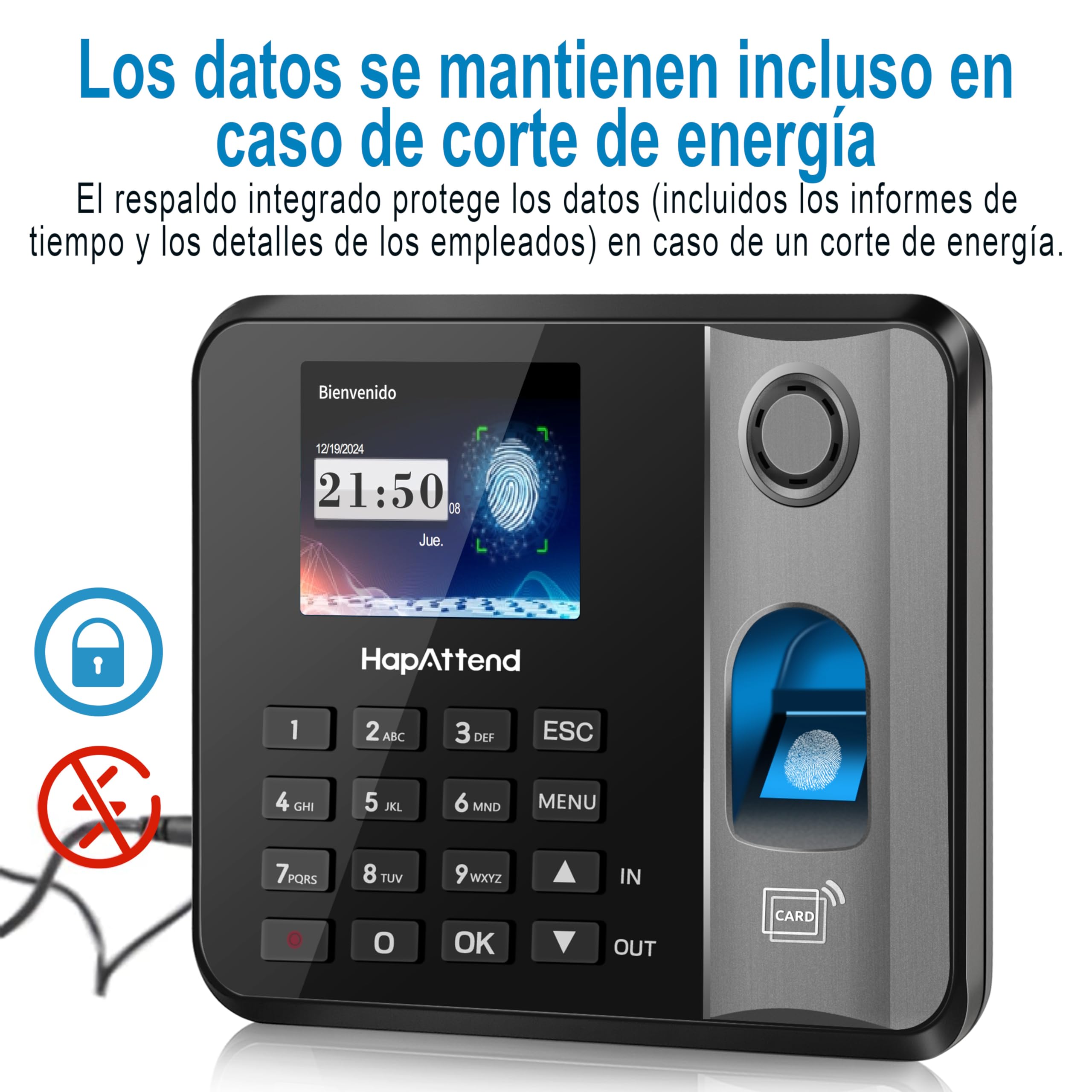 Control horario empleados, Español Reloj de fichar con Huella Dactilar, RFID Tarjetas, H1 Maquina de fichar empleados de hasta 3000 usuarios sin conexión Internet Negro Escáner