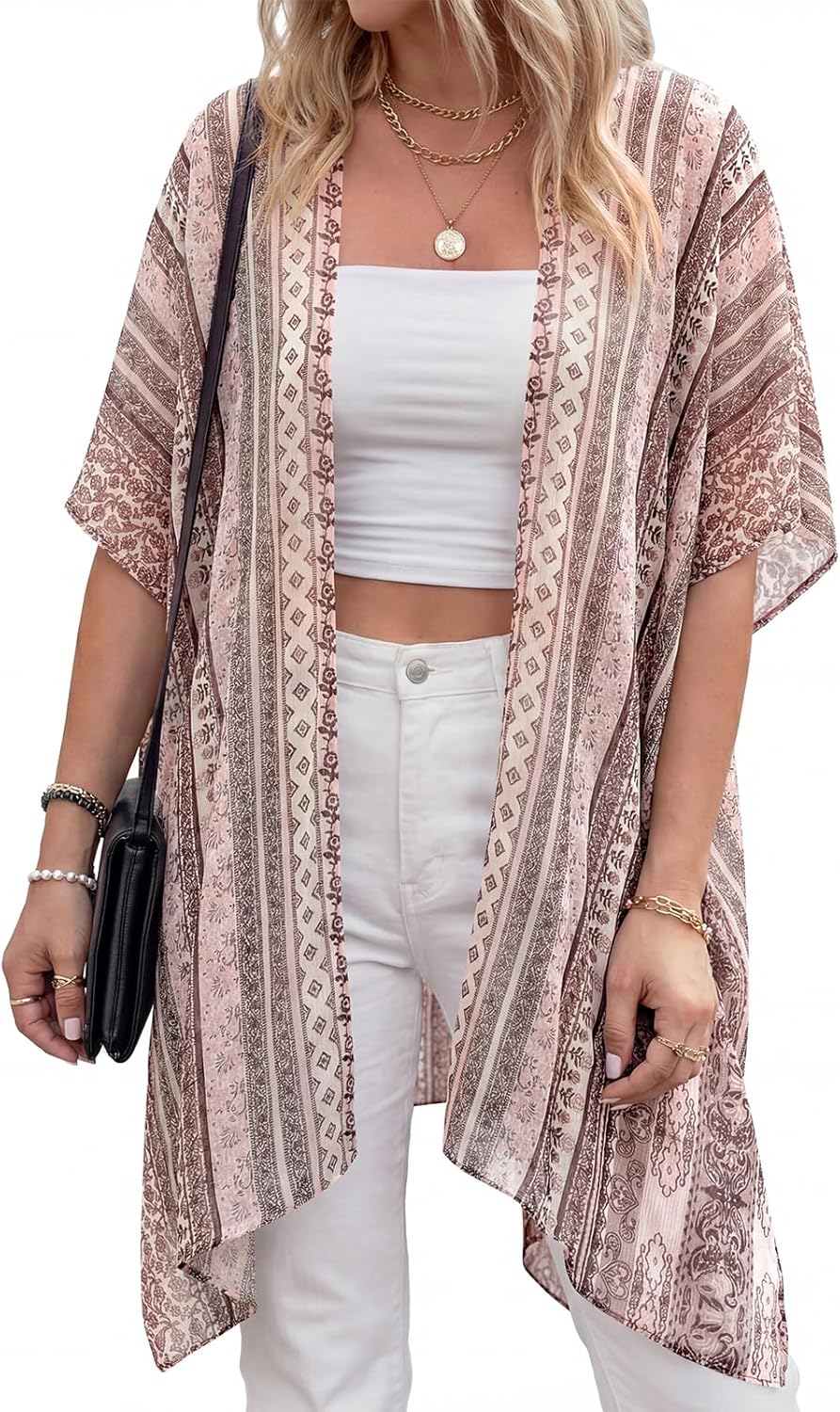 PRETTYGARDEN Summer Kimonos for Women Boho Floral Short Sleeve Flowy Cardigans Swimsuit Beach Cover Ups for Women Swimwear - Image 2