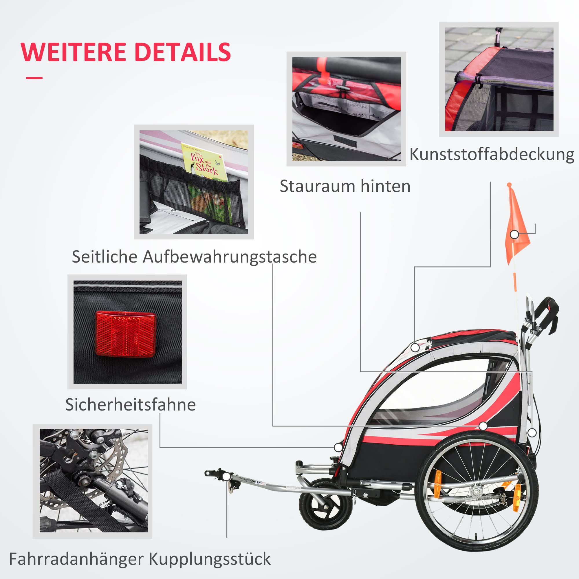 HOMCOM 2 in 1 Kinderfahrradanhänger, Fahrradanhänger mit Mesh-Tür, 360° Drehbares Vorderrad, Buggy mit Bremse, 142 x 75 x 101 cm