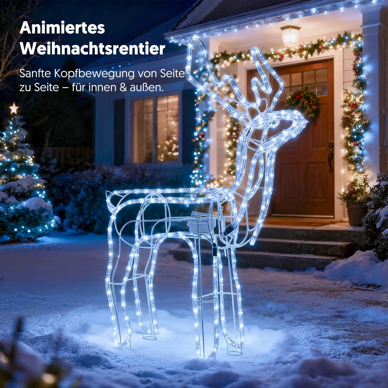 LEDYA Animierte Kopfbewegung Reindeer Beleuchtete Weihnachtsdekoration, 216 LEDs Kaltweiß,89 cm LED Rentier Weihnachtsbeleuchtung, Innen/Außen Weihnachtshirsch mit Timer, für Hof, Garten, Veranda