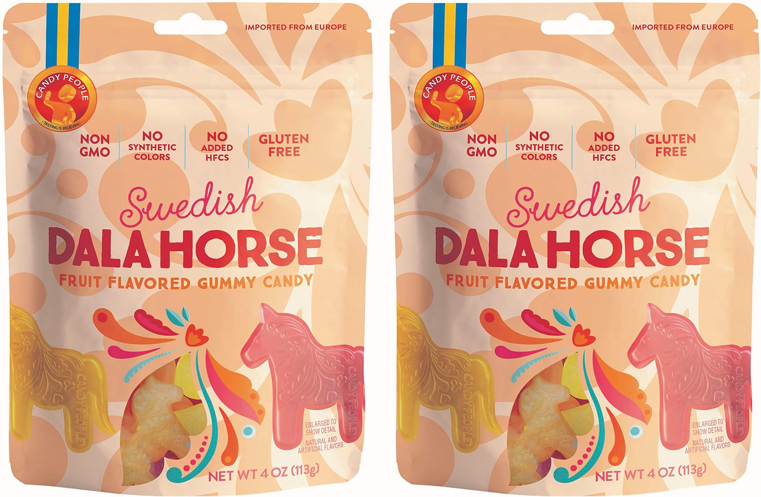 Candy People Swedish Candy Dala Horse Fruit Flavored Gummy Candy - Citrus, Pineapple, Raspberry Fruit Flavors - Gluten and Gelatin Free - 2-Pack