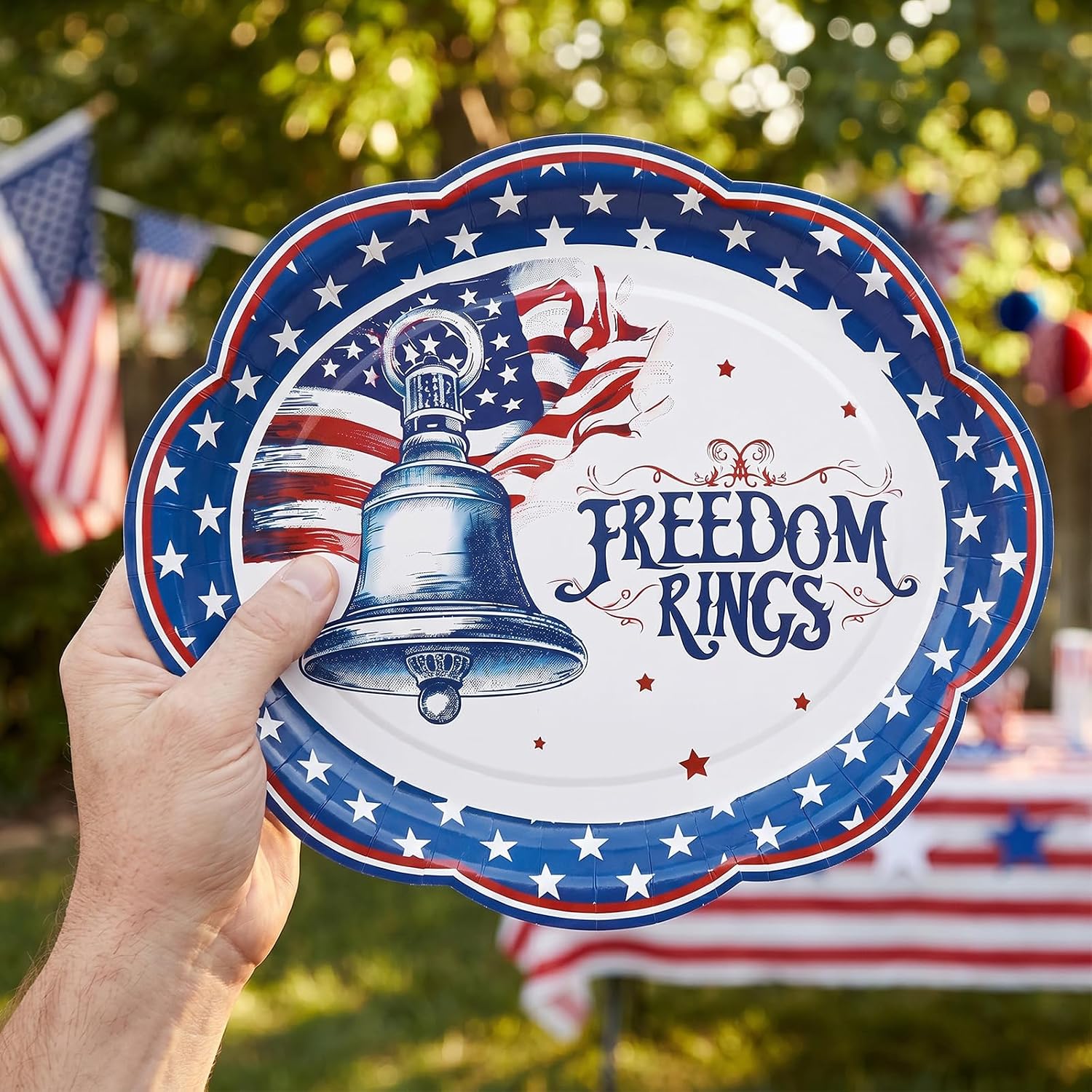 Fancy Land 24 Pack 4th of July Oval Paper Plates Patriotic Party Decorations Disposable American Flag Serving Trays Red White Blue Tableware Set for Independence Memorial Veterans Day 10x12 Inches