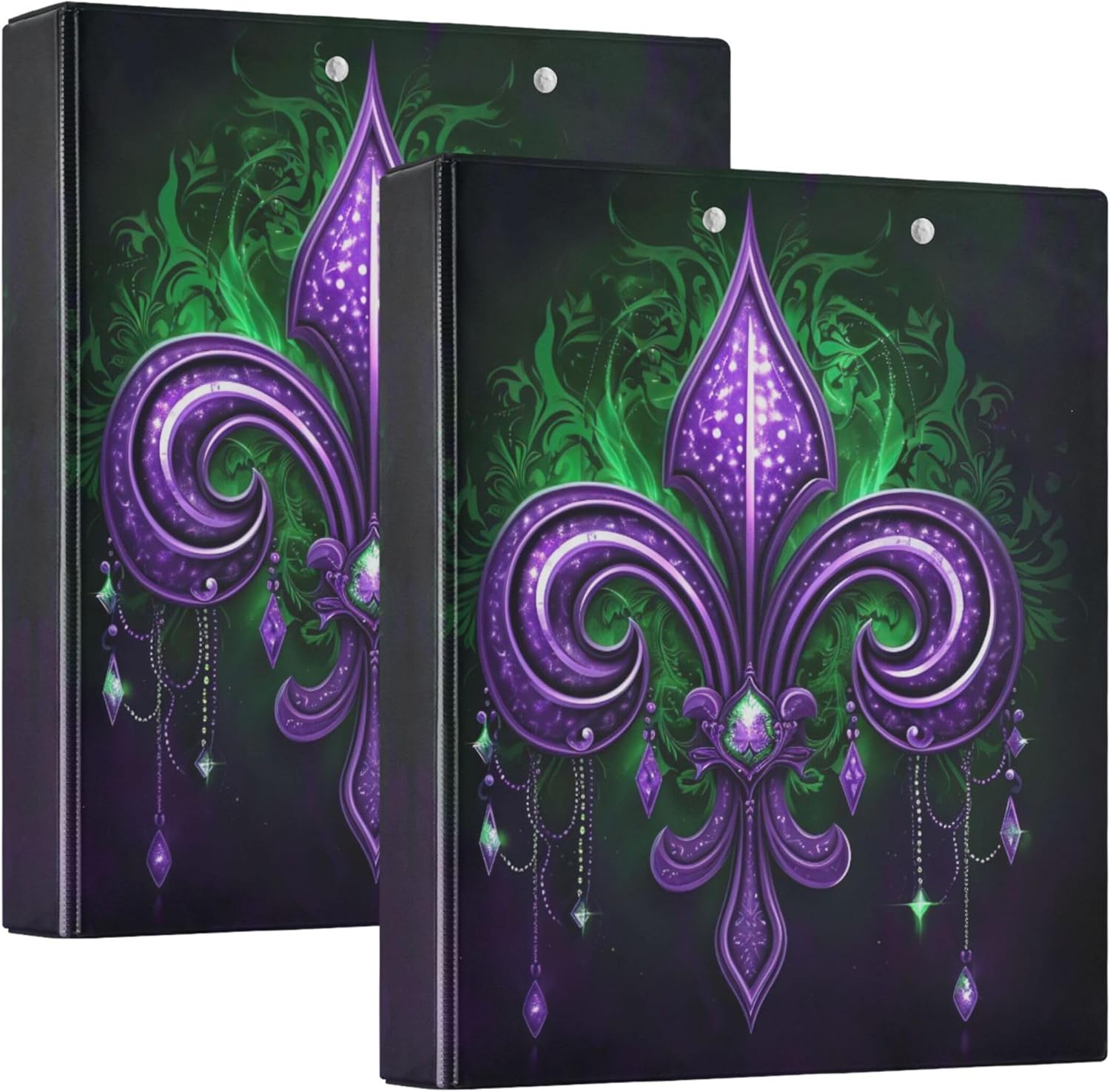 Mardi Gras 3 Ring Binders, 1.5” Round Ring Binders with Clipboard - Letter Size, 3 Interior PVC Clear Pockets & Anti-Slip Clip for Office School Supplies, 2PCS