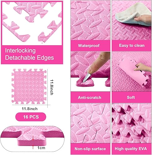 Miniatura 2 de Shihanee 16 unidades de azulejos de espuma para bebé de 11.81 x 11.81 pulgadas, tapetes de espuma a granel con bordes entrelazados para niños,