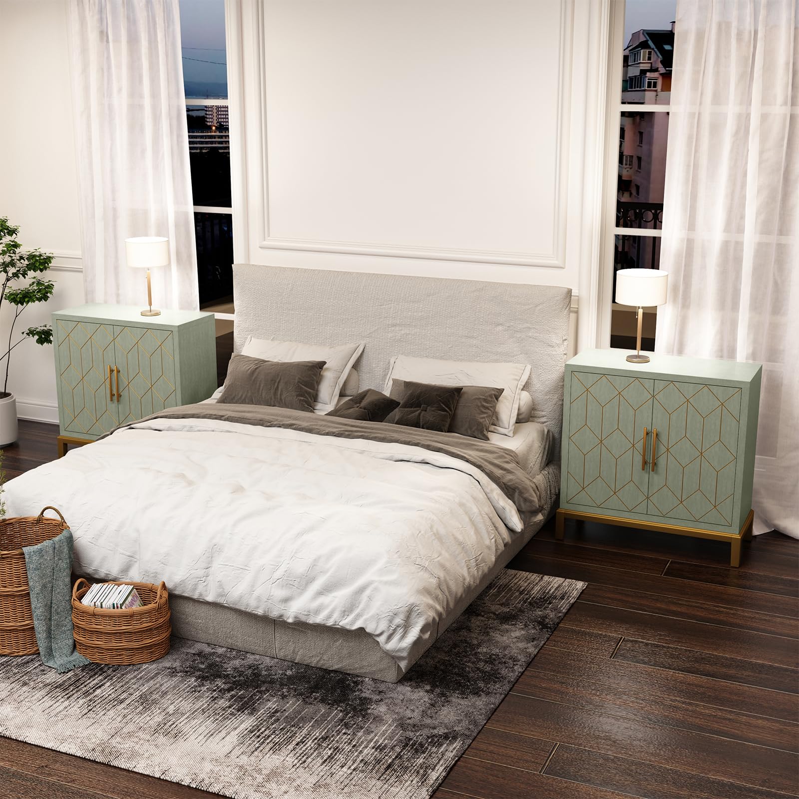 HOLTICO Küchenschrank Garderobenschrank Badezimmerschrank Wohnzimmerschrank Grün mit verstellbarem Regal,Schrank freistehend für Küche,Badzimmer,Wohnzimmer,Garage,goldene Linien und Beine