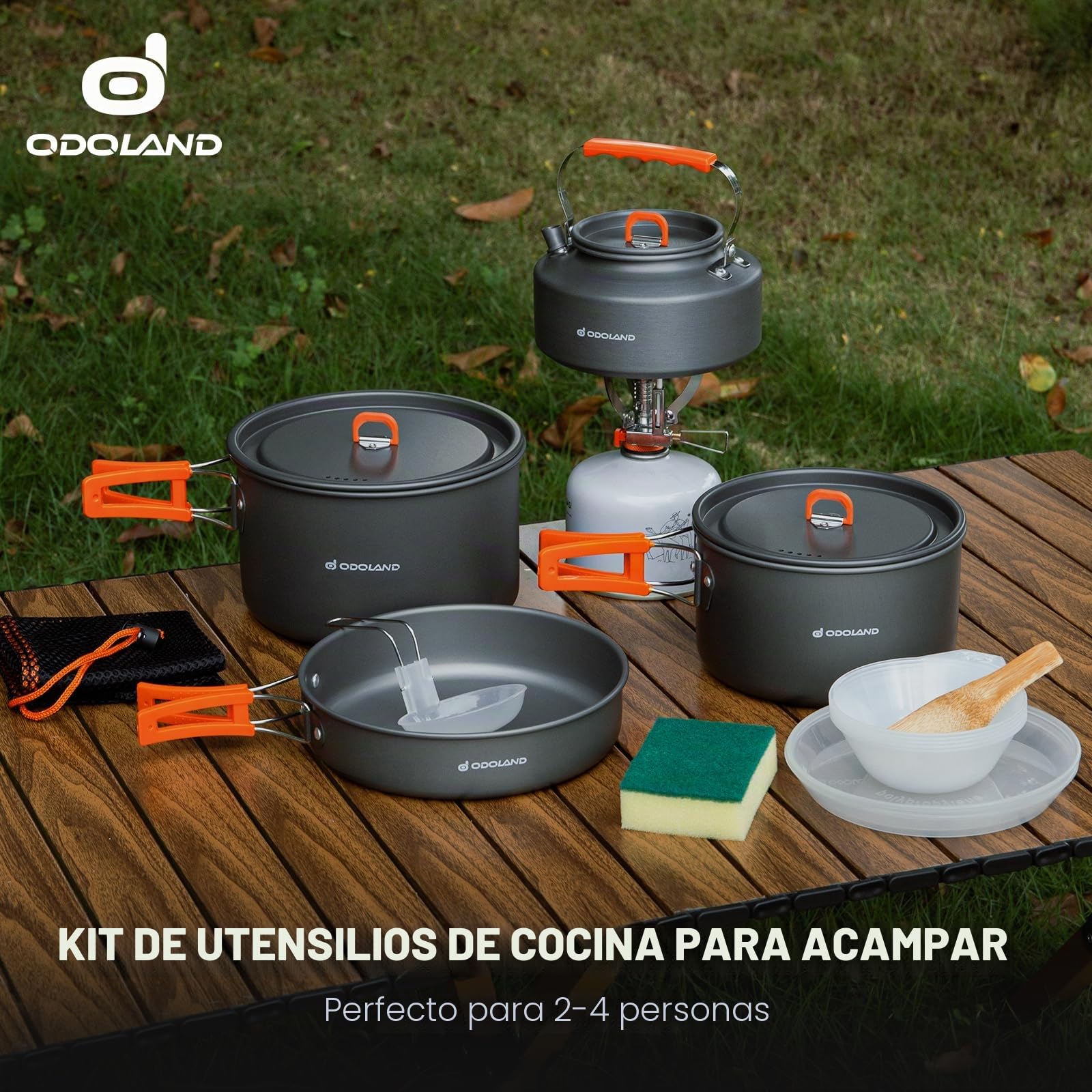 Odoland Kit de Utensilios Cocina Camping 15 Piezas para 1-5 Personas, Kit de Cocina de Camping con 2 Ollas, 1 Sartén y 1 Hervidor, para Camping Trekking Senderismo Cocina al Aire Libre y Picnics