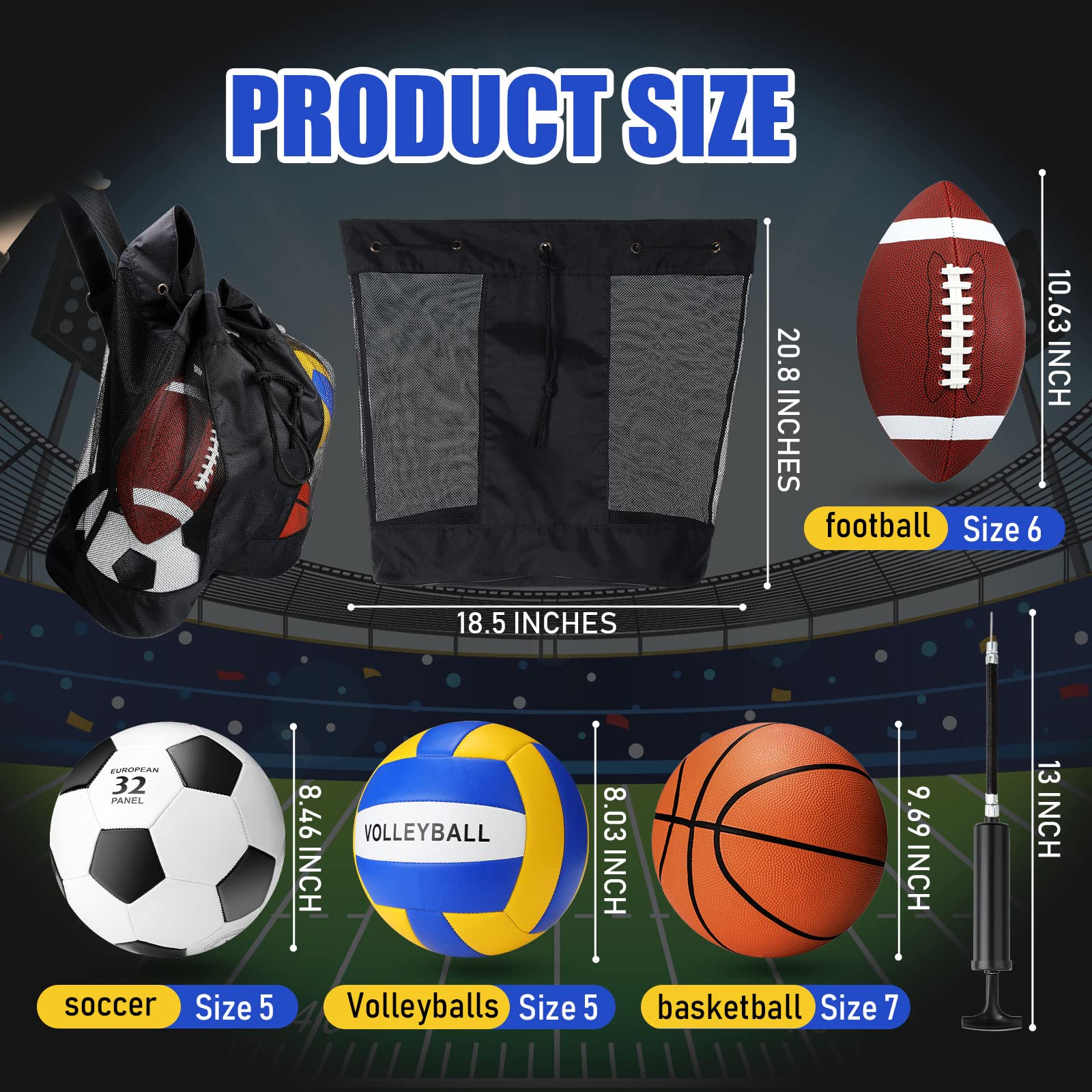8 Pcs Sports Balls Set Include Basketball Football Soccer Volleyball with 2 Sport Equipment Bags 2 Pumps for Teens Youth Adult Outdoor Operation Christmas Ball Gifts