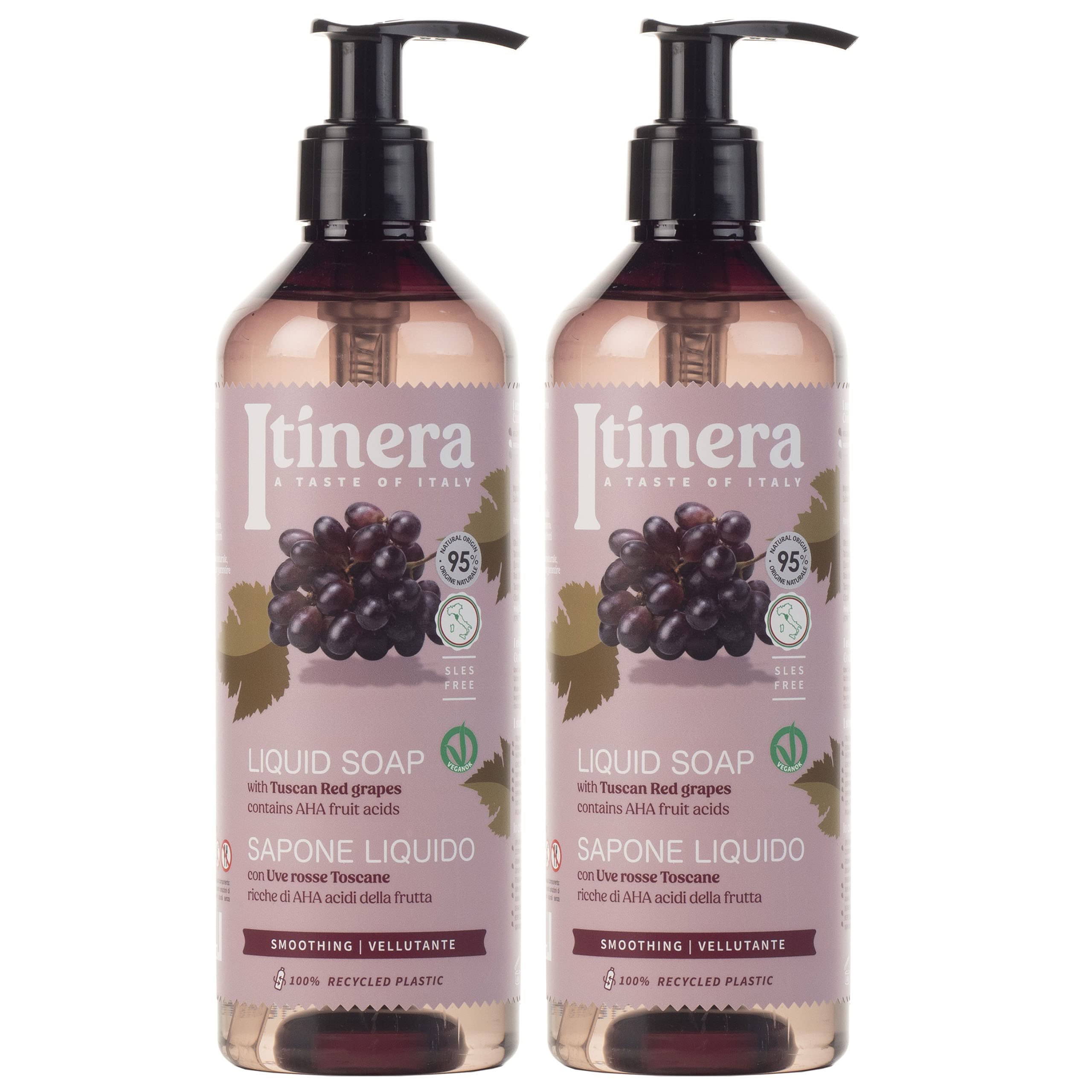 Itinera Smoothing Liquid Soap with Tuscan Red grapes, 95% natural ingredients 370 ml 2 units, 1 count (Pack of 2)