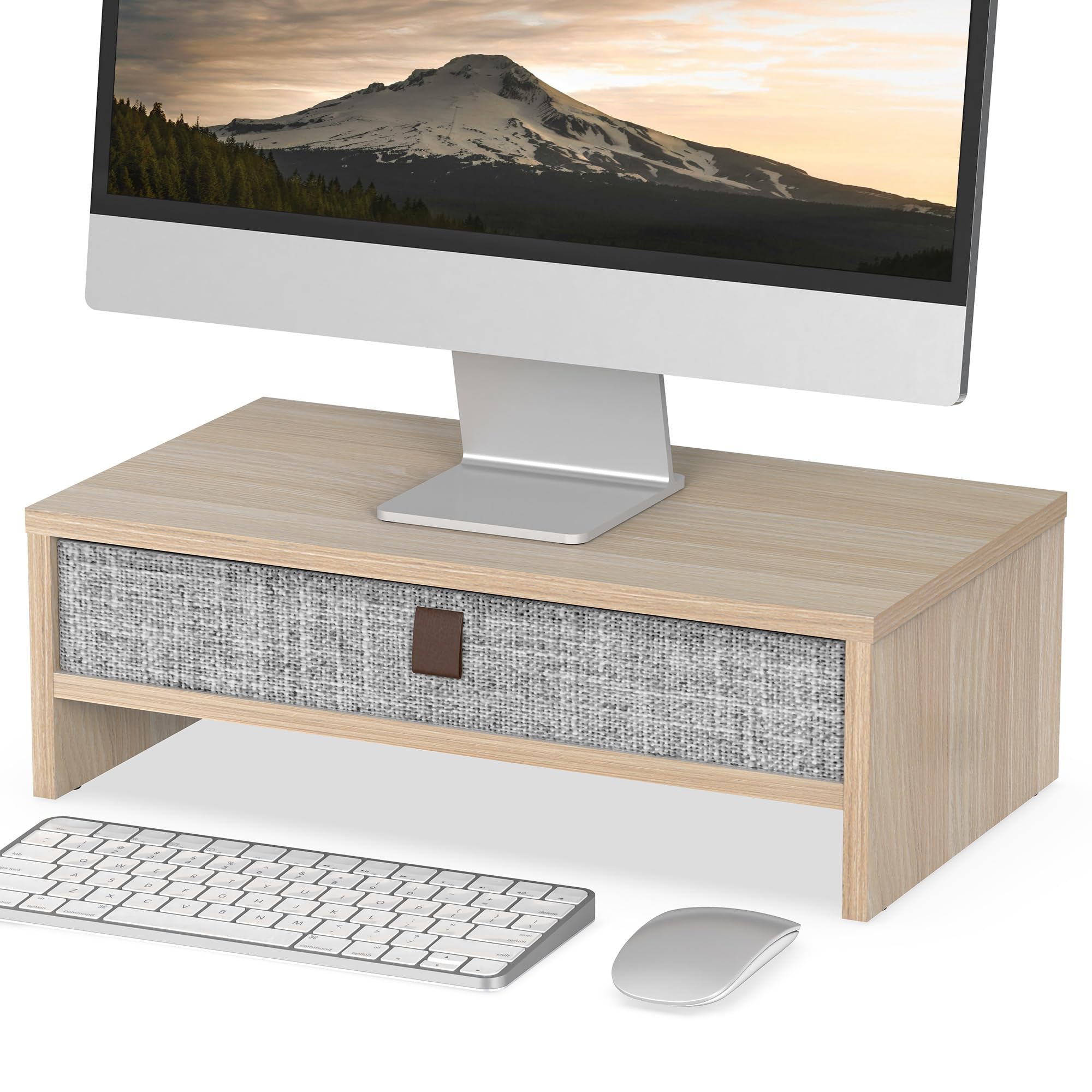 Fenge Monitor Stand with Drawer, Computer Monitor Stand for Desk, Desktop Organizer for PC/Laptop/Printer, 42.5 × 23.5 × 14.2 cm, Load 20 kg, (Oak)