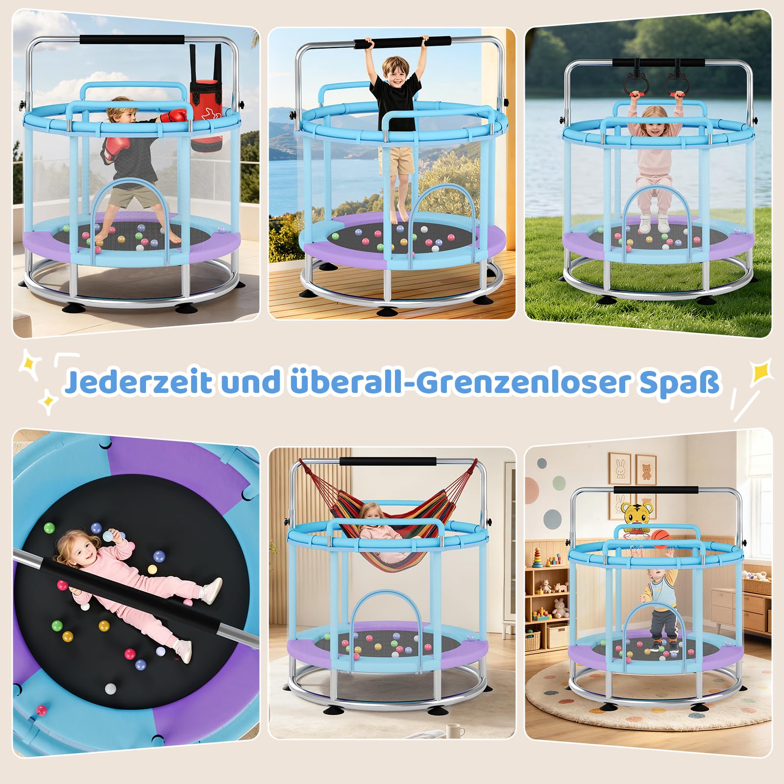 Trampolino per bambini, 150 cm, trampolino per bambini, per interni fino a 250 kg, asta regolabile in 3 posizioni, rete di sicurezza, base antiscivolo, altalena, sacco di sabbia