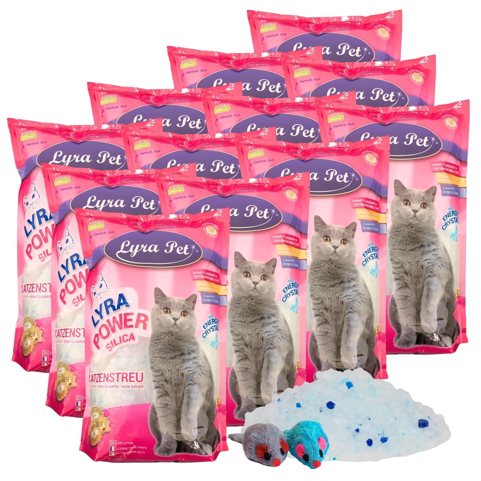 Lyra Pet® 12 x 5 L = 60 L Lyra Power Silica Silikat Katzenstreu + 2 Mäuse | Keine Klumpenbildung - Neutralisiert den Geruch - Staubfrei & unparfümiert - Hygienisch & saugstark - Saubere Wohnung