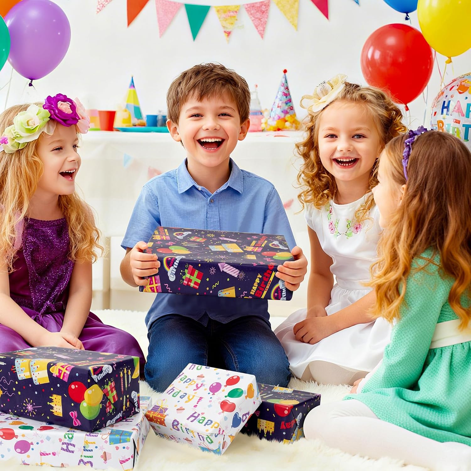 Iioscre Reversible Birthday Wrapping Paper, Blue Wrapping Paper Mini Roll, Colorful balloons and cake designs for Birthday Christmas Holiday Wedding Baby Shower, 17.3 Inch X 32.8 Feet