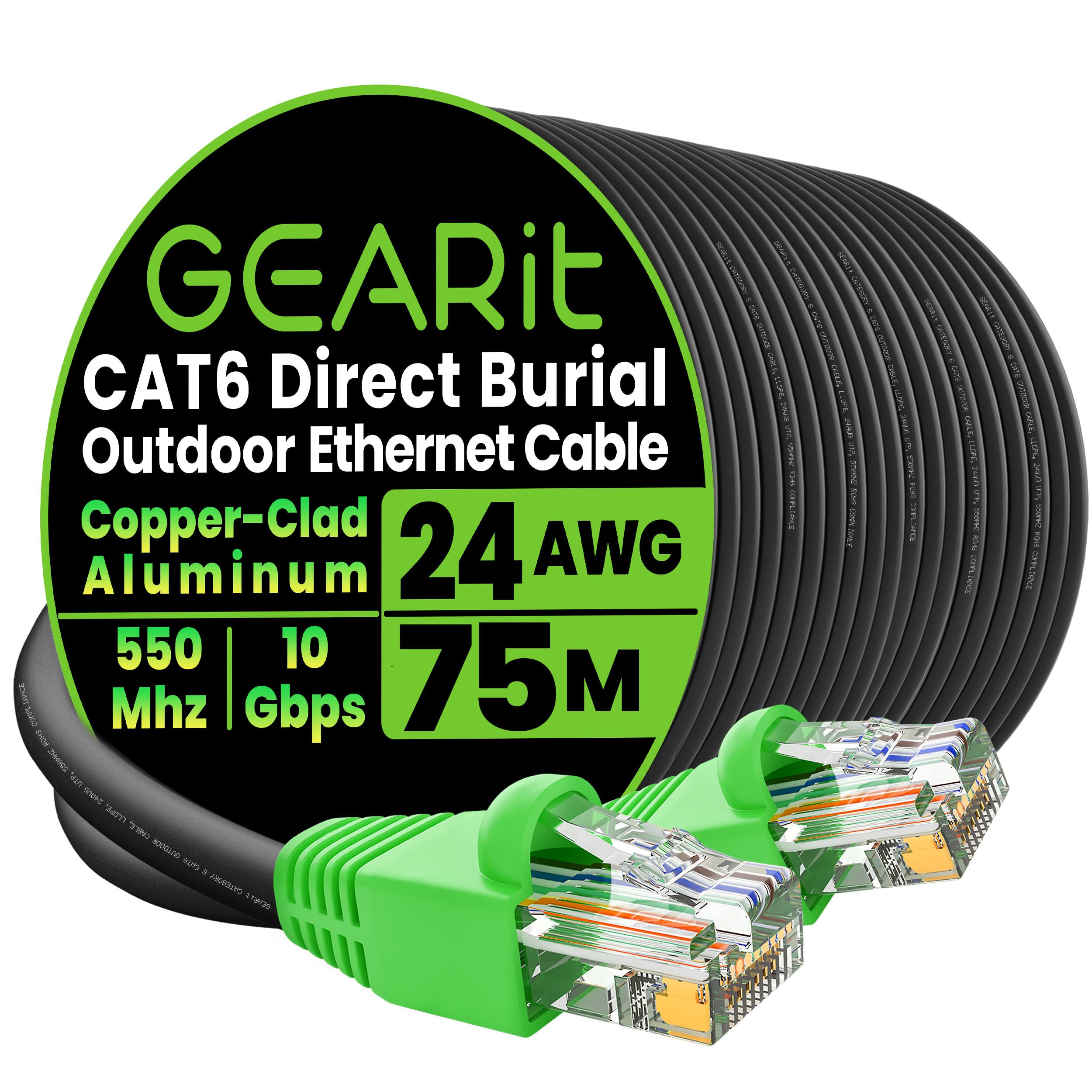 GEARit Outdoor Cat 6 Lan Kabel 75 Meter Netzwerkkabel 24AWG 10Gbps CCA Ethernet Kabel Wasserdicht UV-beständig für Erdverlegung rj45 Patchkabel