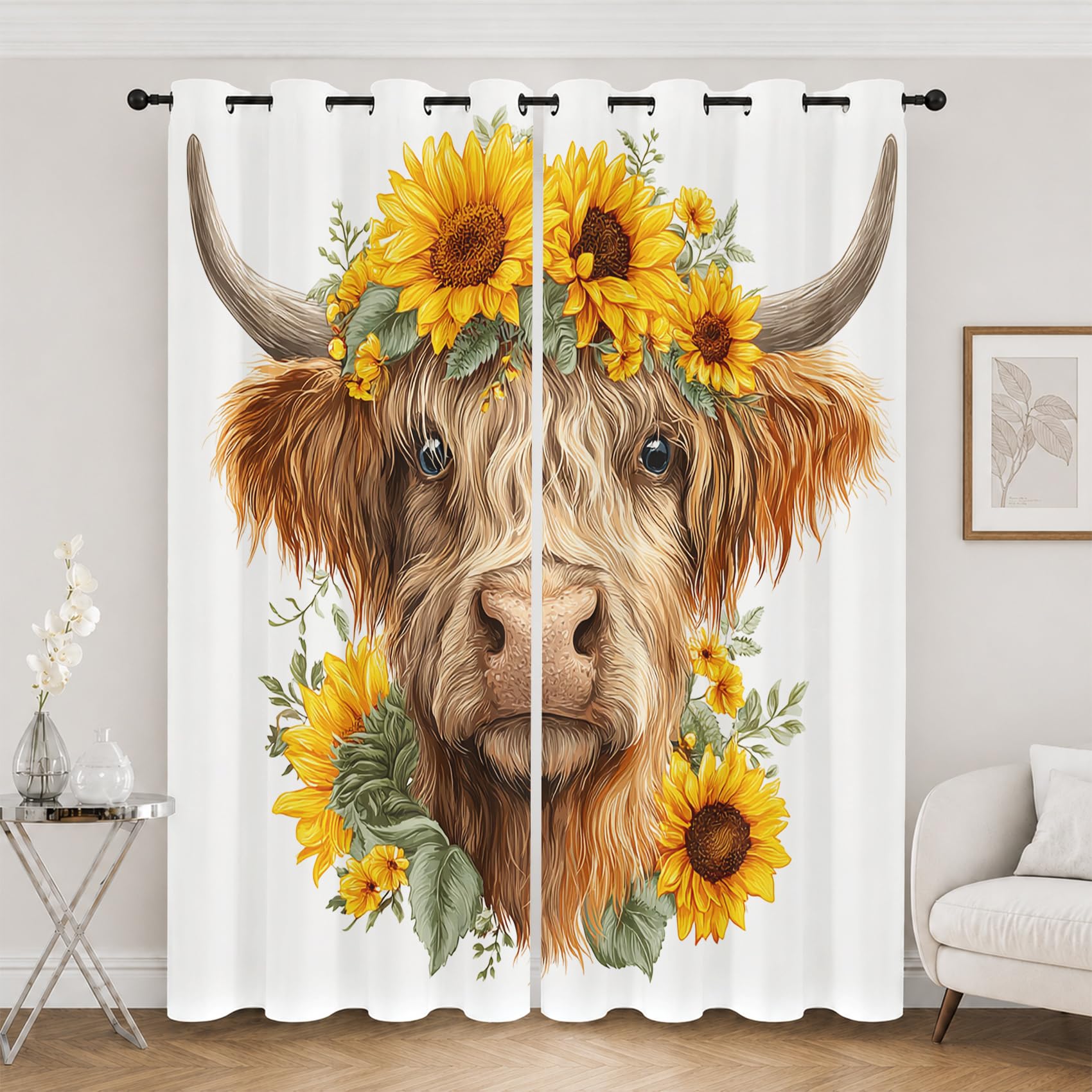 Generisch Verdunklungsvorhänge mit Muster Bauernhof Tier | Hochland Kuh Vorhang Blickdicht mit Ösen für Schlafzimmer Wohnzimmer Heimbüro Dekoration 2er Set H215 x B140 cm