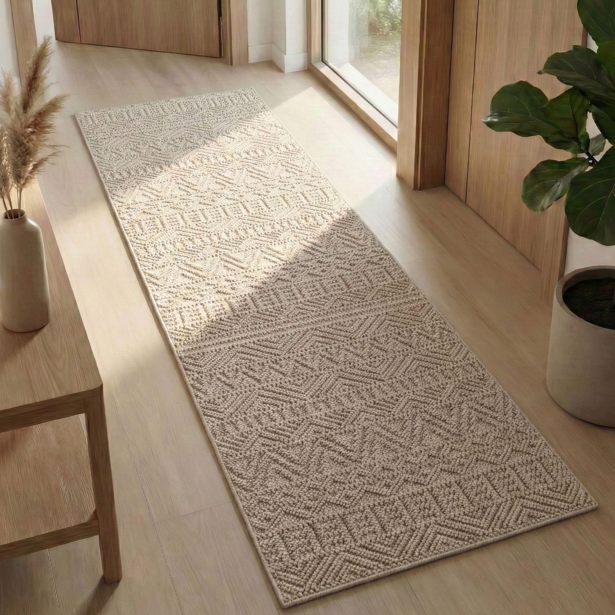 Carpetsale24 Tapis Couloir 80x250 cm Beige Design Vintage Bouclé Boucles Style Scandinave Doux Résistant Facile à Nettoyer Tapis Moderne pour Entrée Couloir Chambre