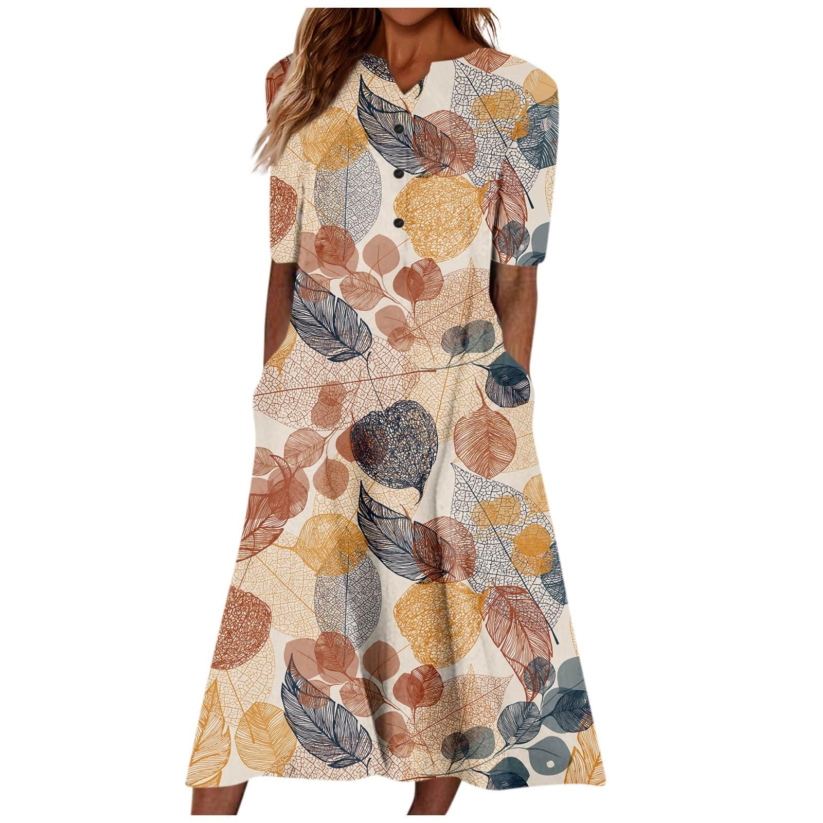 GenericWomen's Homecoming Dresses 2023 Fall Casual Floral Printed V-Neck Short Sleeve Button Pocket Beach Dress, S-3XL