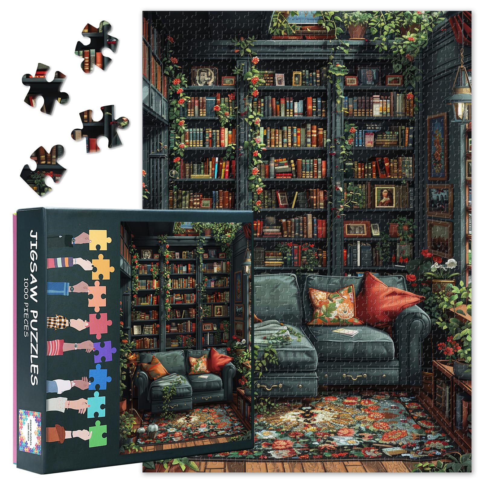 Jigsaw Puzzles for Adults 1000 Pieces, Vintage Library with Bookshelves, Plants & Cozy Fireplace