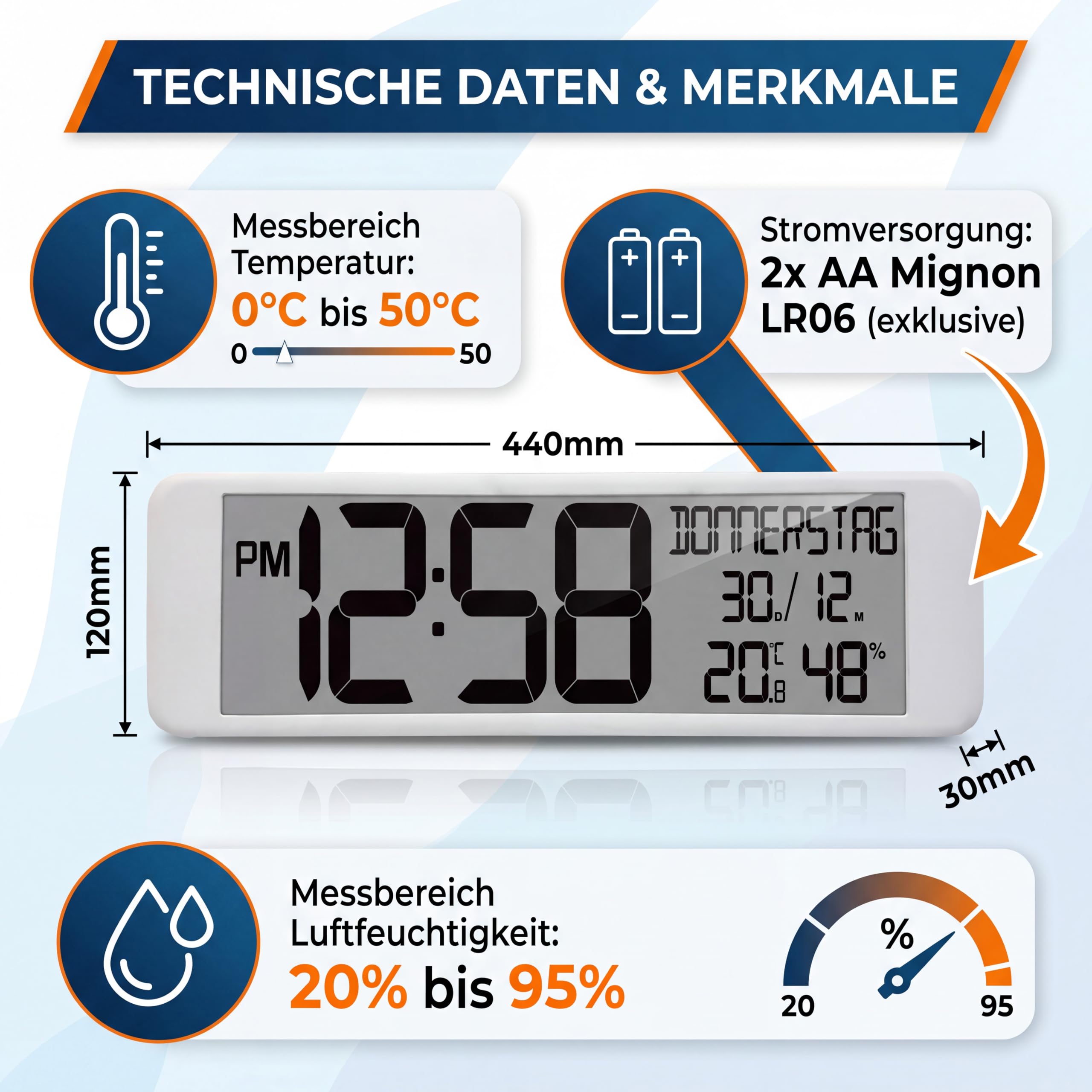 Technoline WS 8120 XXL Funkwanduhr mit DCF77 Funkuhr | Kalender | Temperatur- & Luftfeuchtigkeitsanzeige | extra großes Display | Wochentag ausgeschrieben | Wand- und Tischaufstellung | weiß