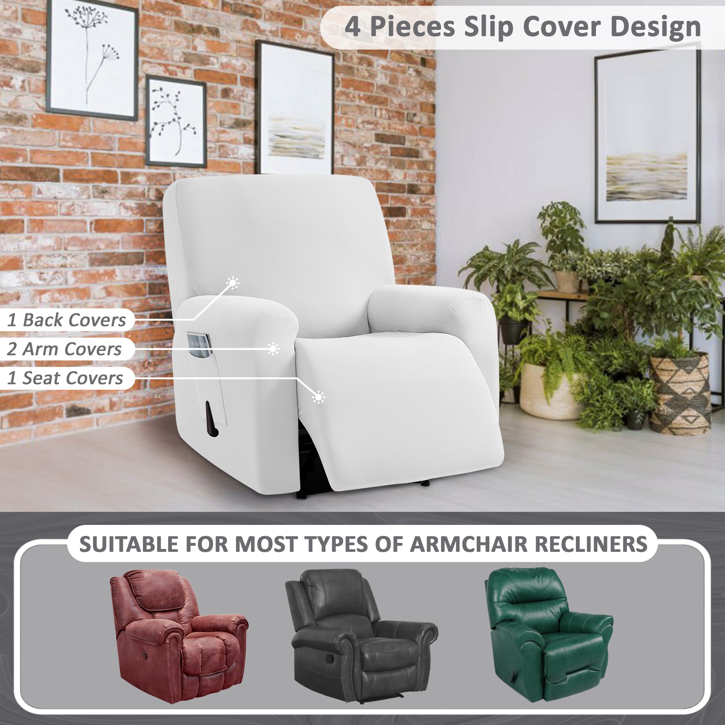 ULTICOR Jacquard Design, 4-Piece, 1 Seat Recliner Cover, Reclining Chair Covers for 1 Cushion Reclining Sofa, Single Seat Recliner Couch Cover, Washable (Ivory, Recliner Cover)
