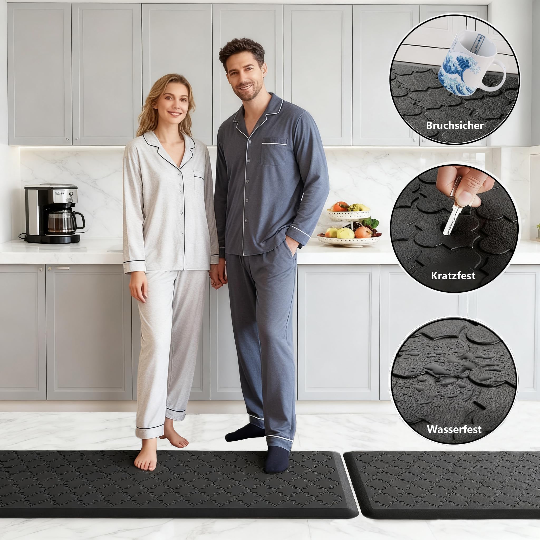 Küchenläufer 2 Stück Teppich Küche Waschbar rutschfest Küchenteppich Kitchen Mat Küchen Teppich Läufer Küche-Teppich mit Ölfest Wasserdicht Küchenmatte für Küche Läufer Flur(44x75+ 44x150CM,Schwarz)