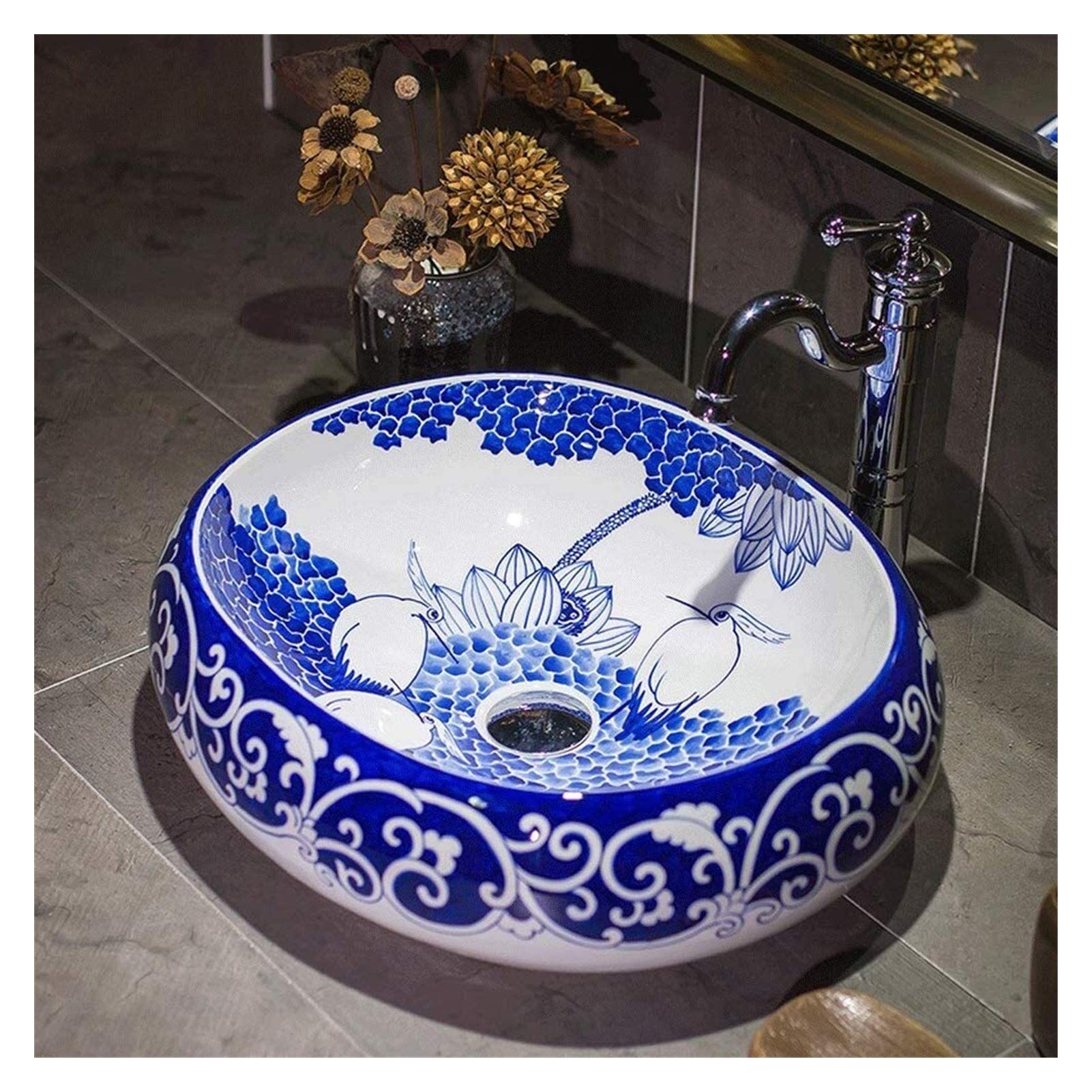 Szafka Pod Umywalkę Z Umywalką, Umywalka Nablatowa, Umywalka Nablatowa, Umywalka Ceramiczna Nablatowa, Umywalka Porcelanowa, Ręcznie Malowana Umywalka Z Motywem Ptaka Lotosu