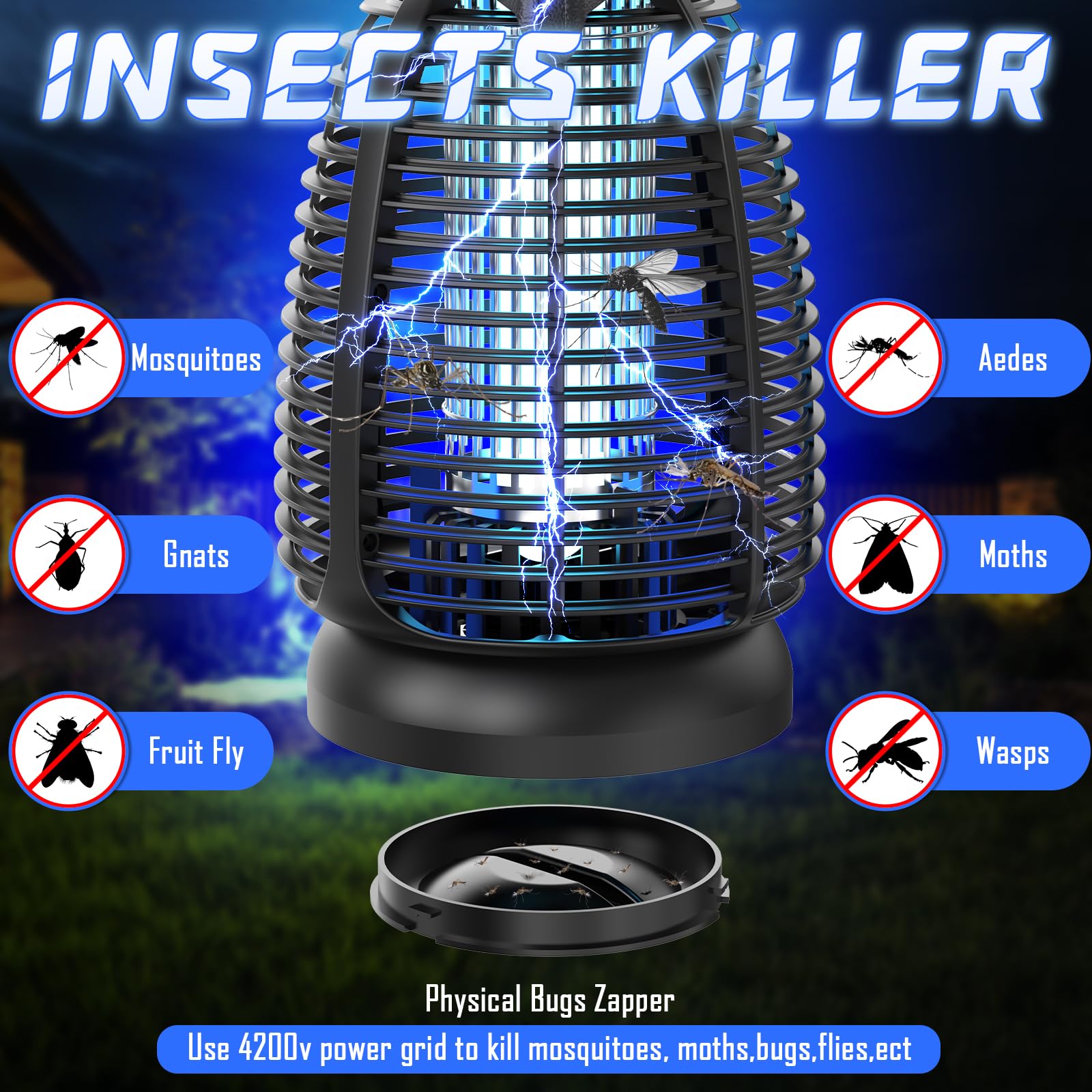 Matainsectos eléctrico al aire libre – 4200 V de alta tensión, luz LED impermeable para mosquitos, moscas, patio, porche, garaje, patio trasero, casa