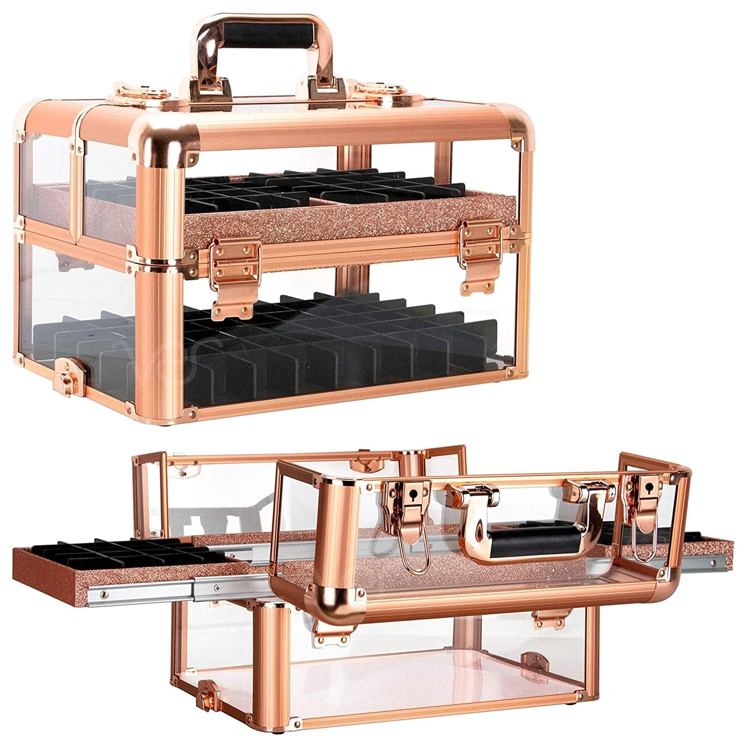 Professional Makeup & Nail Tech Organizer – Clear Acrylic Case, Holds 94 Bottles, Slide-Out Trays, Lockable Latches – Portable Storage for Brushes, Polish, Tools & Cosmetics – Compact & Travel-Ready