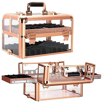 Professional Makeup & Nail Tech Organizer Clear Acrylic Case, Holds 94 Bottles, Slide-Out Trays, Lockable Latches Portable Storage for Brushes, Polish, Tools & Cosmetics Compact & Travel-Ready