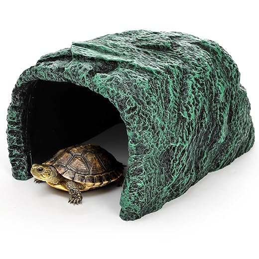 Reptile Hide Rock Cave, Resin Habitat Hidden for Terrarium and Aquarium Decor, Green Hideout Hide Cave Fit for Bearded Dragons, Lizards, Snakes, Geckos, Tortoises, Small Animals, Amphibians