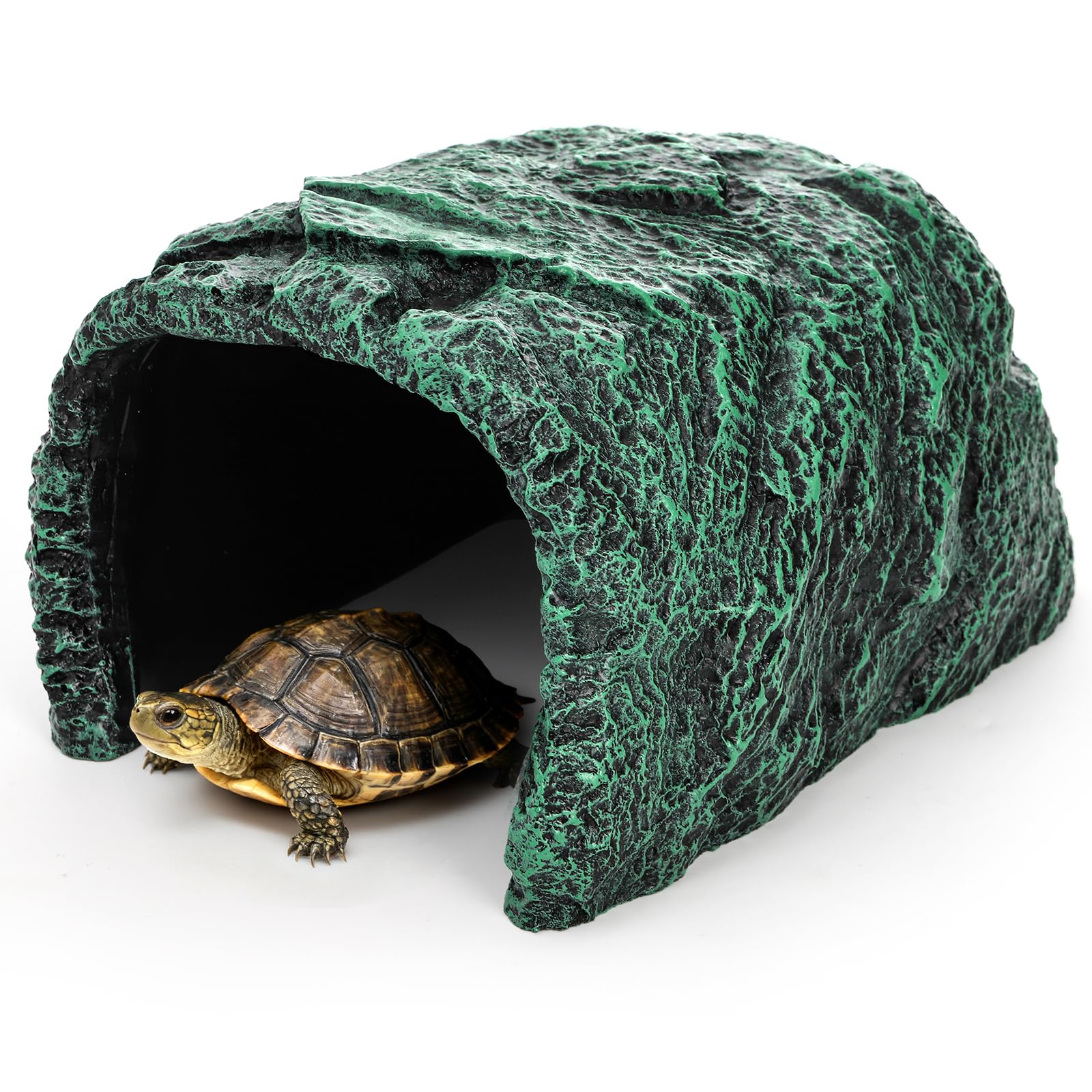 Cididu Cueva de roca para reptiles, hábitat de resina oculto para decoración de terrarios y acuarios, escondite verde para dragones barbudos, lagartos, serpientes, gecos, tortugas, animales pequeños