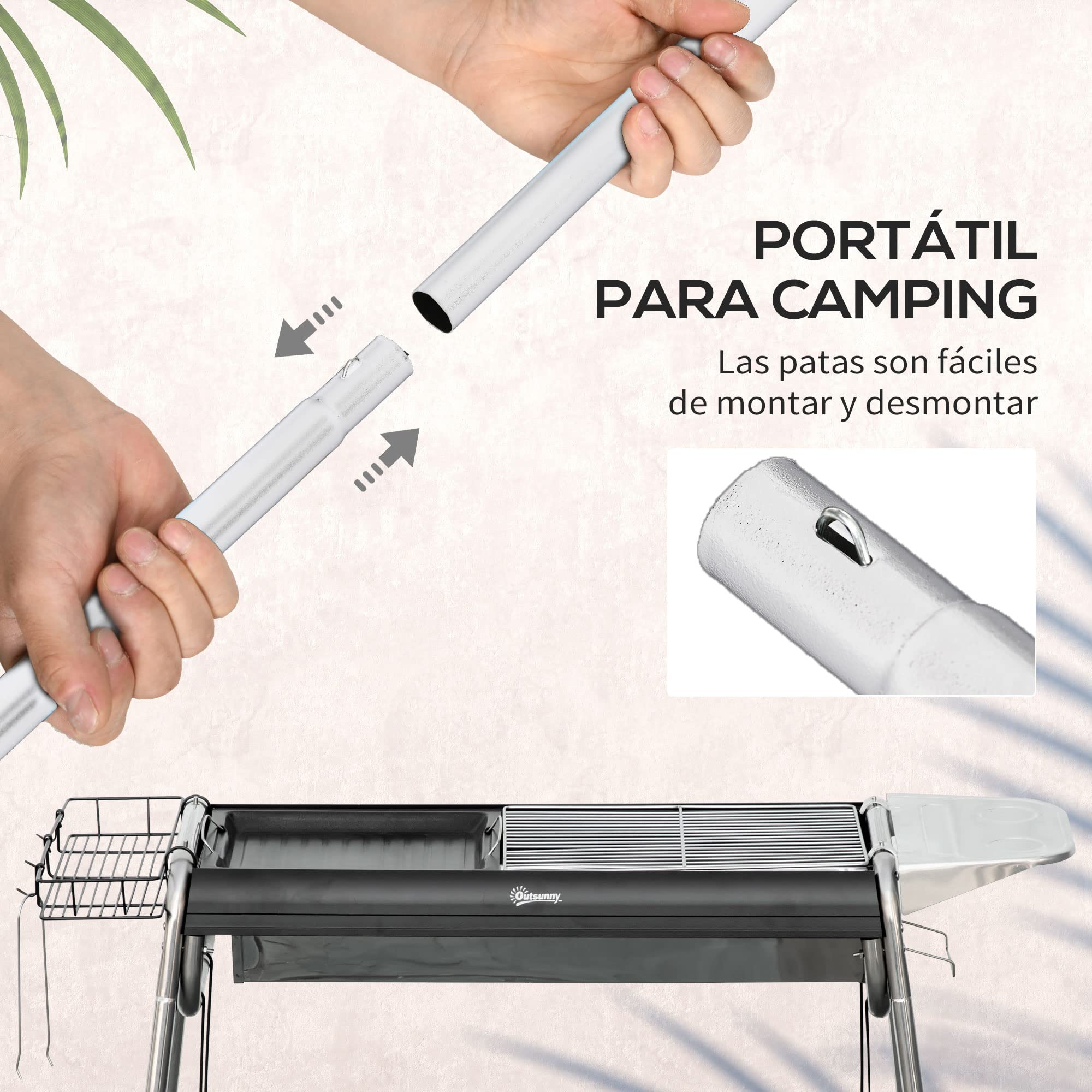 Outsunny Barbacoa de Carbón Barbacoa Portátil con Parrilla de Acero Inoxidable Bandeja Especiero y Estante de Almacenamiento para Jardín Camping 107x63x75 cm Negro