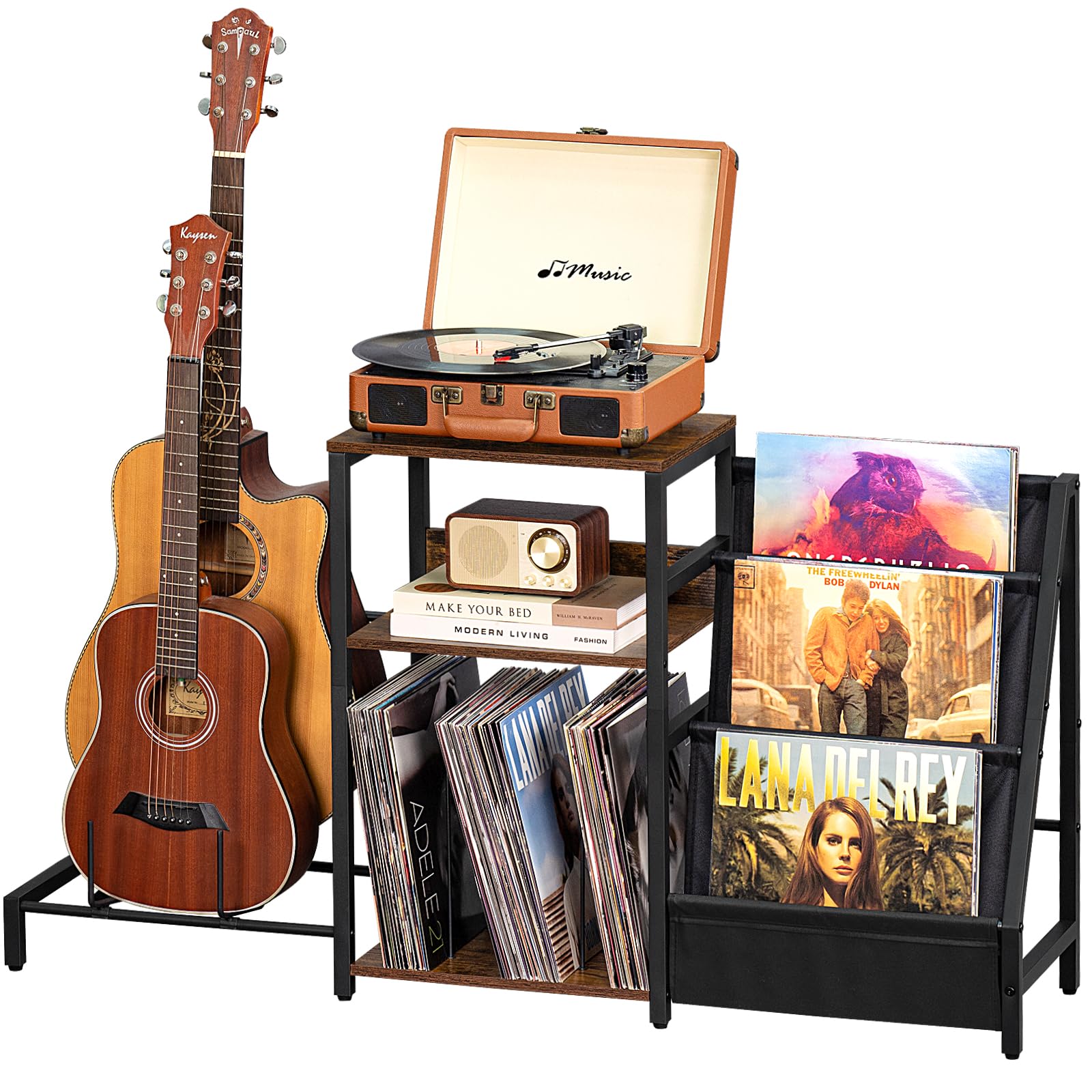Record Player Stand, Adjustable Guitar Stand for Acoustic Guitar, Electric Guitar, Bass, Turntable Stand with Vinyl Display Shelf Storage Up to 150 Albums,Brown End Table for Music Room